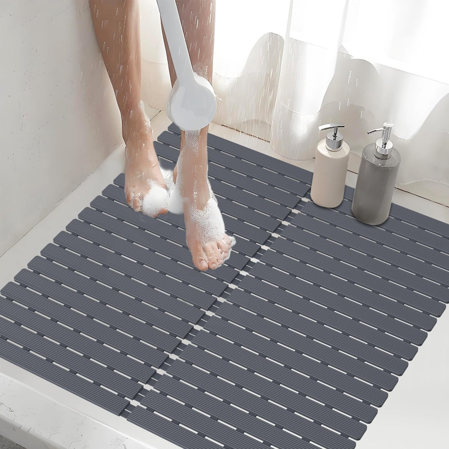 Shower Mat Non-Slip Bath Mat for Tub Floor & Stall with 200+ Suction Cups & Drain Holes, Quick Dry Machine Washable Bathtub Mat, Safe for Elderly& Baby, Bathroom Essentials 24x24 Inch (Light Grey)