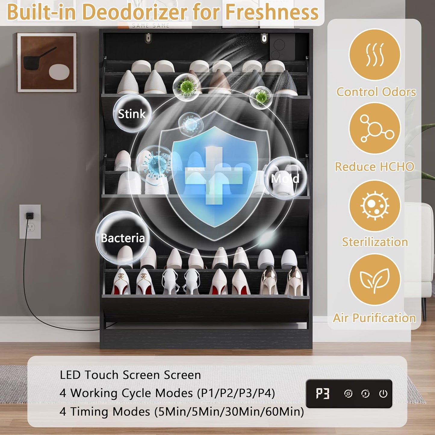 Shoe Cabinet with Odor Control and Back Panels, Deodorizing Slim 3-Flip Shoe Storage Cabinet for Entryway, Freestanding Hidden Shoe Rack Organizer for Entrance, Hallway, Bedroom