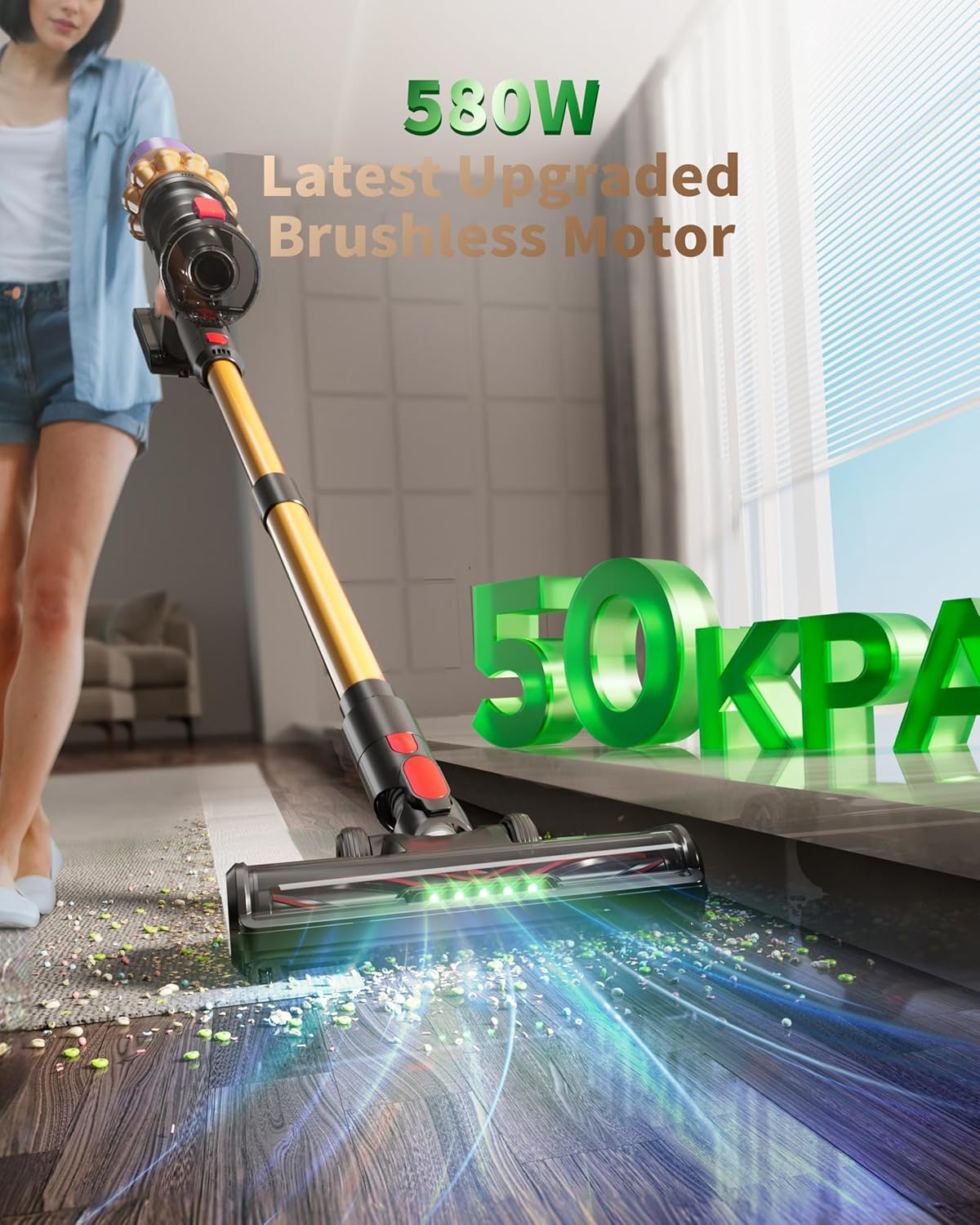 Cordless Vacuum Cleaner, 580W 50Kpa 65Mins, Vacuum Cleaners for Home, Stick Vacuum with Anti-Tangle Brush, Wall Mount Charge, Rechargeable Cordless Vacuum for All Floor/Sofa/Pet Hair/All Floor