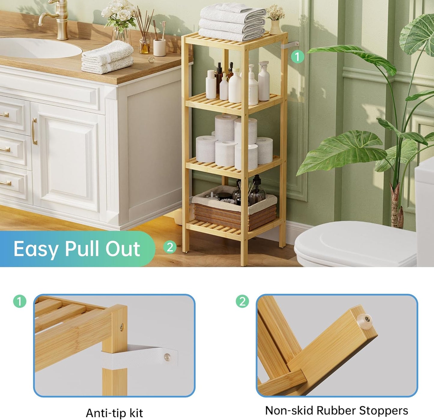 SMIBUY Bathroom Storage Shelf, 5-Tier Bamboo Rack Organizer, Multifunctional Shelving Unit for Living Room Bedroom Kitchen (Natural)