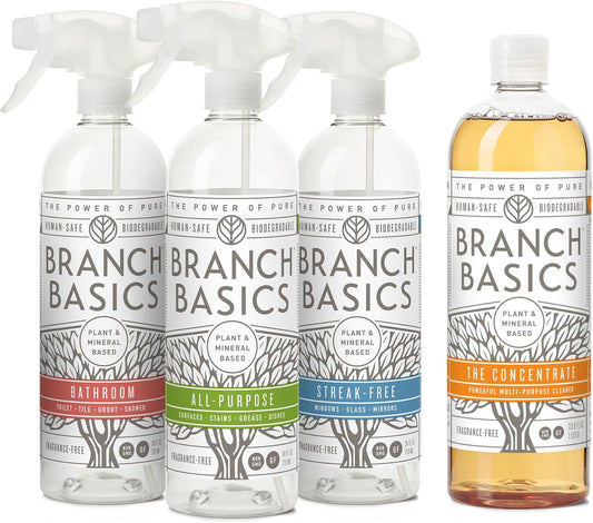 Branch Basics Cleaning Essentials Kit: All Purpose Spray, Glass Cleaner, and Bathroom Cleaner - Concentrate (33.8 Oz) + Plastic Spray Bottles for Cleaning (24 Oz) Non-Toxic, Fragrance-Free