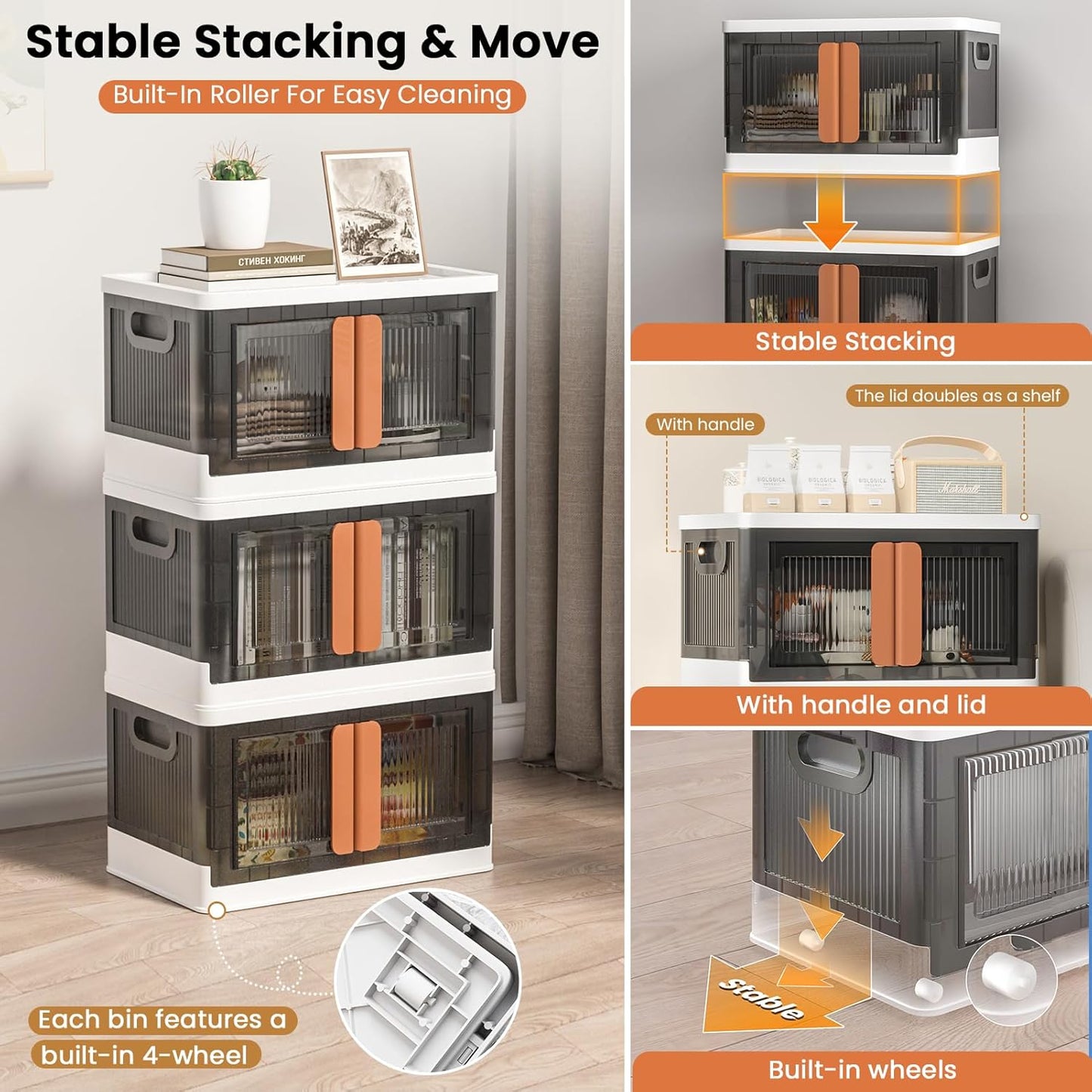 8.4Gal Collapsible Storage Bins with Lids & Wheels - 6 Pack Stackable with Doors, Heavy-Duty Plastic Containers for Home/Office, White