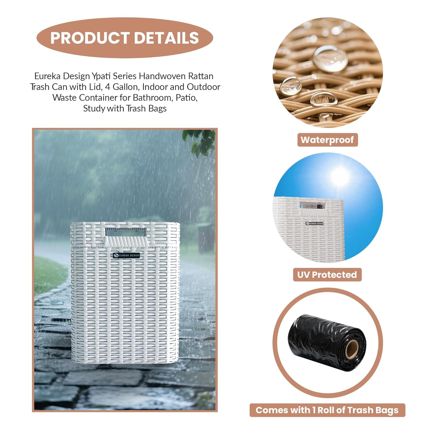 Ypati Handwoven 4 Gallon Rattan Trash Can with Lid, Boho Style Decorative Indoor and Outdoor Trash Bin with Shelf, Waste Basket for Bathroom, Patio, Study, with Trash Bags, Porcelain White, Eureka