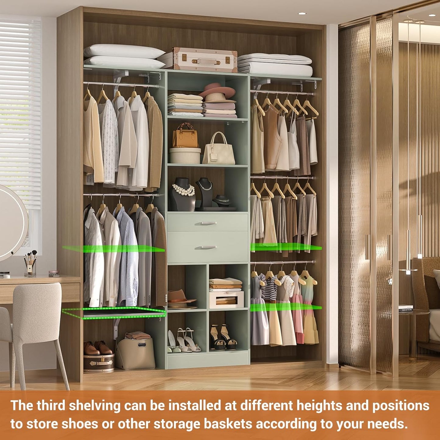 5FT Small Closet System, Baby Closet Organizer System with Wooden Drawers, 60 Inches Walk in Closet System with 5 Hanging Rods and 3 Reversible Hanging Shelving, Crab Green