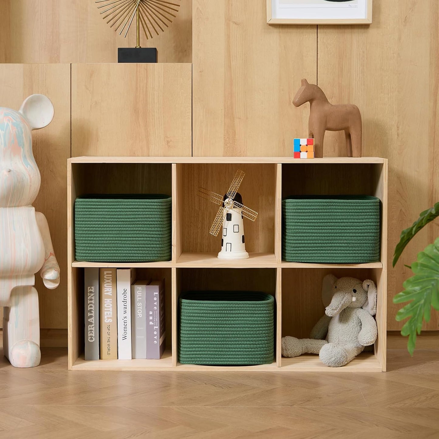 Small Organizing Baskets for Cubes Shelf, 9.7x9.7x7.1 Inch Rope Woven Storage Bins for Nursery Shelves Storage, Cute Toy Basket, Square 3 Packs Green