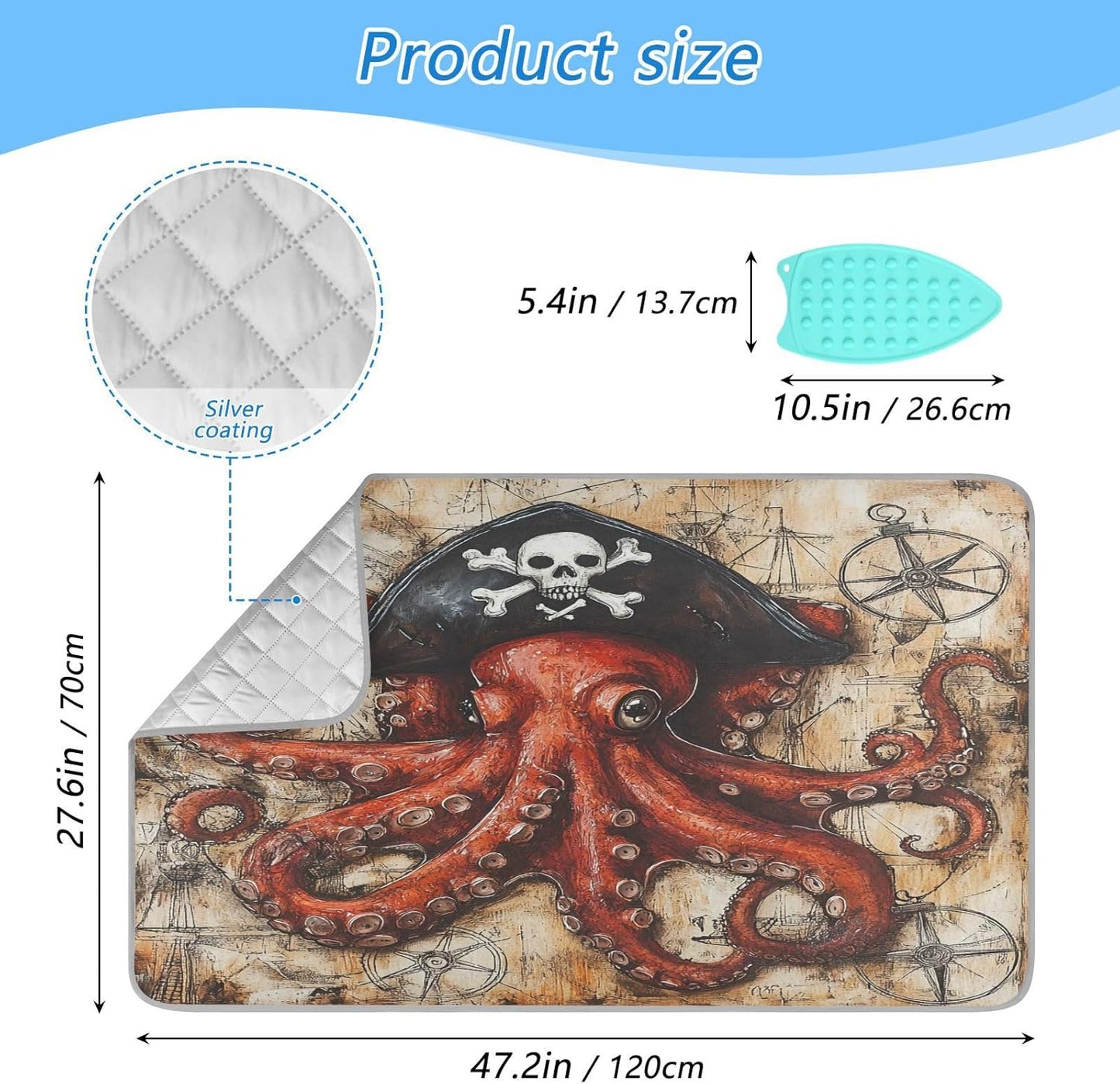 Octopus Pirate and Compass Ironing Mat for Table top Portable Ironing Pad Blanket for Washer Dryer Countertop Travel