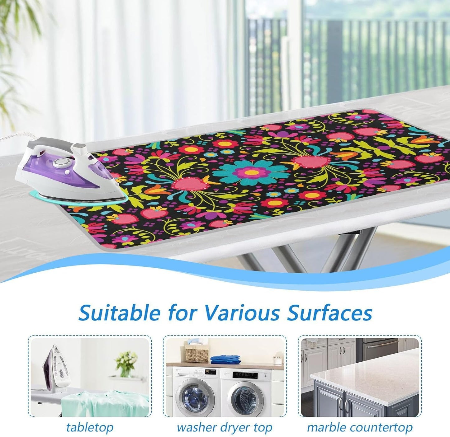 Ironing Mat Thickened Ironing Blanket Travel Portable Double-Side Using Ironing Pad Travel Isolate Heat Pad Cover for Washer Dryer Table Top Countertop (27.6x47.2in) Boho