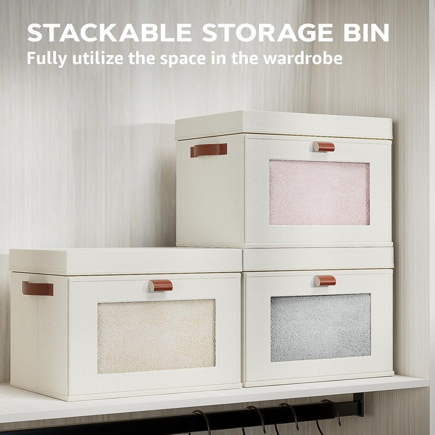 Large Storage Bins with Lids,Stackable&Collapsible Closet Storage Bins,Oxford Fabric Organizer Box with Clear Window,Large Decorative Storage Boxes for Shelves,Wardrobe,Living Room(Beige)