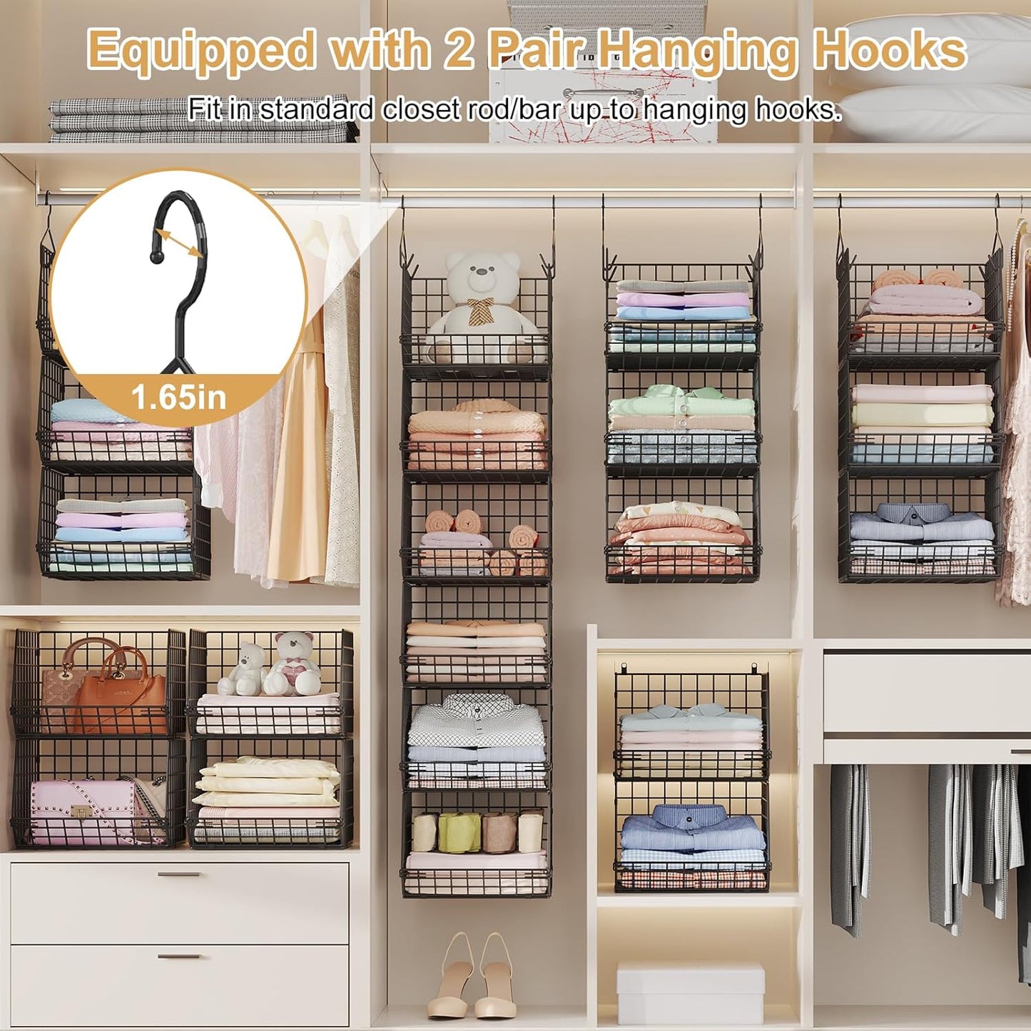 6 Tier Closet Hanging Organizer, Clothes Hanging Shelves with 4 Hanging Hooks 5 S Hooks, Wire Storage Basket Bins, for Clothing Sweaters Shoes Handbags Clutches Accessories Patent Design-Black