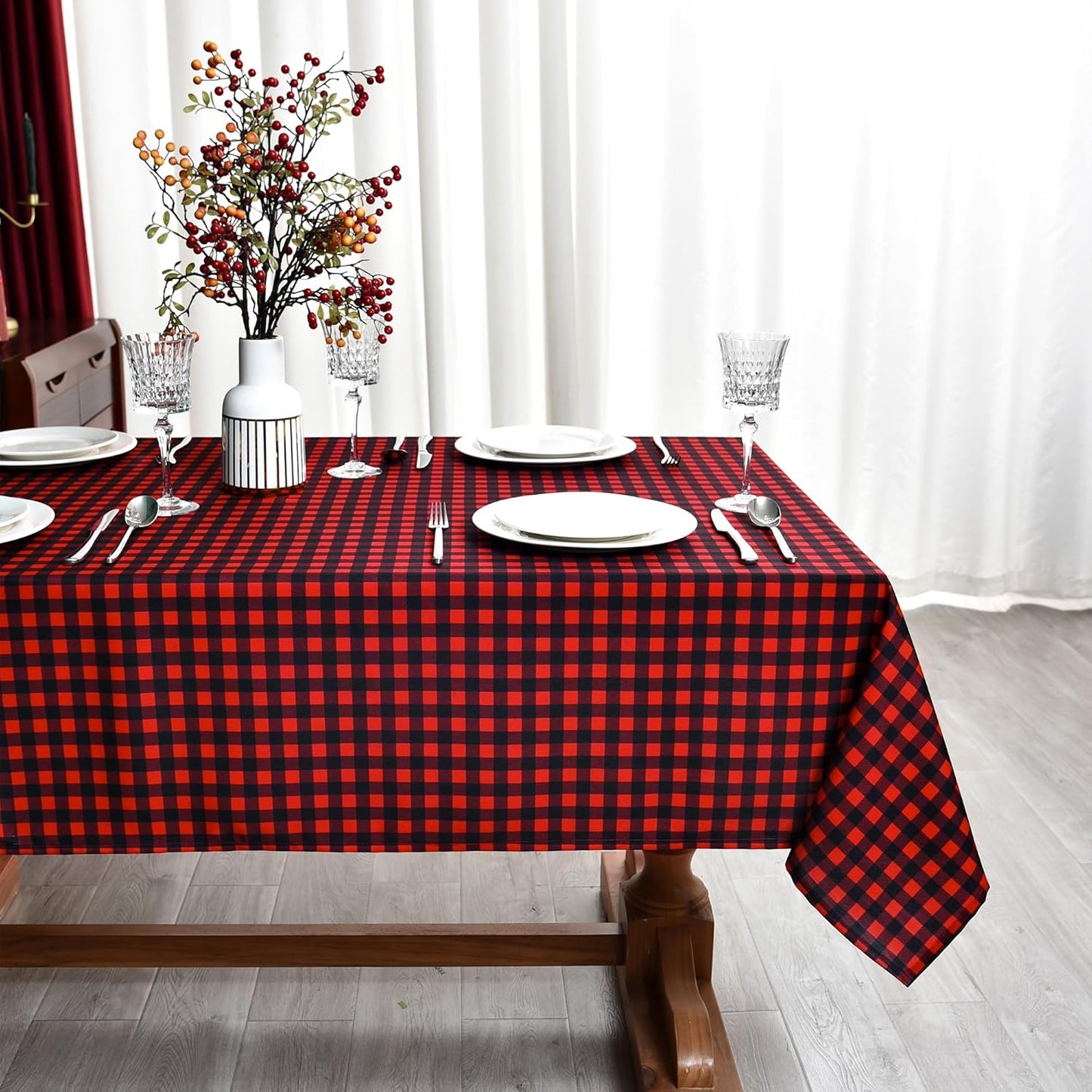 Red Waterproof Plaid Christmas Tablecloth Fabric - Square 58x58 Inch Classic Gingham Checker Holiday Table Cloth for Indoor Use - Xmas Table Cover for Picnics, BBQs, and Parties