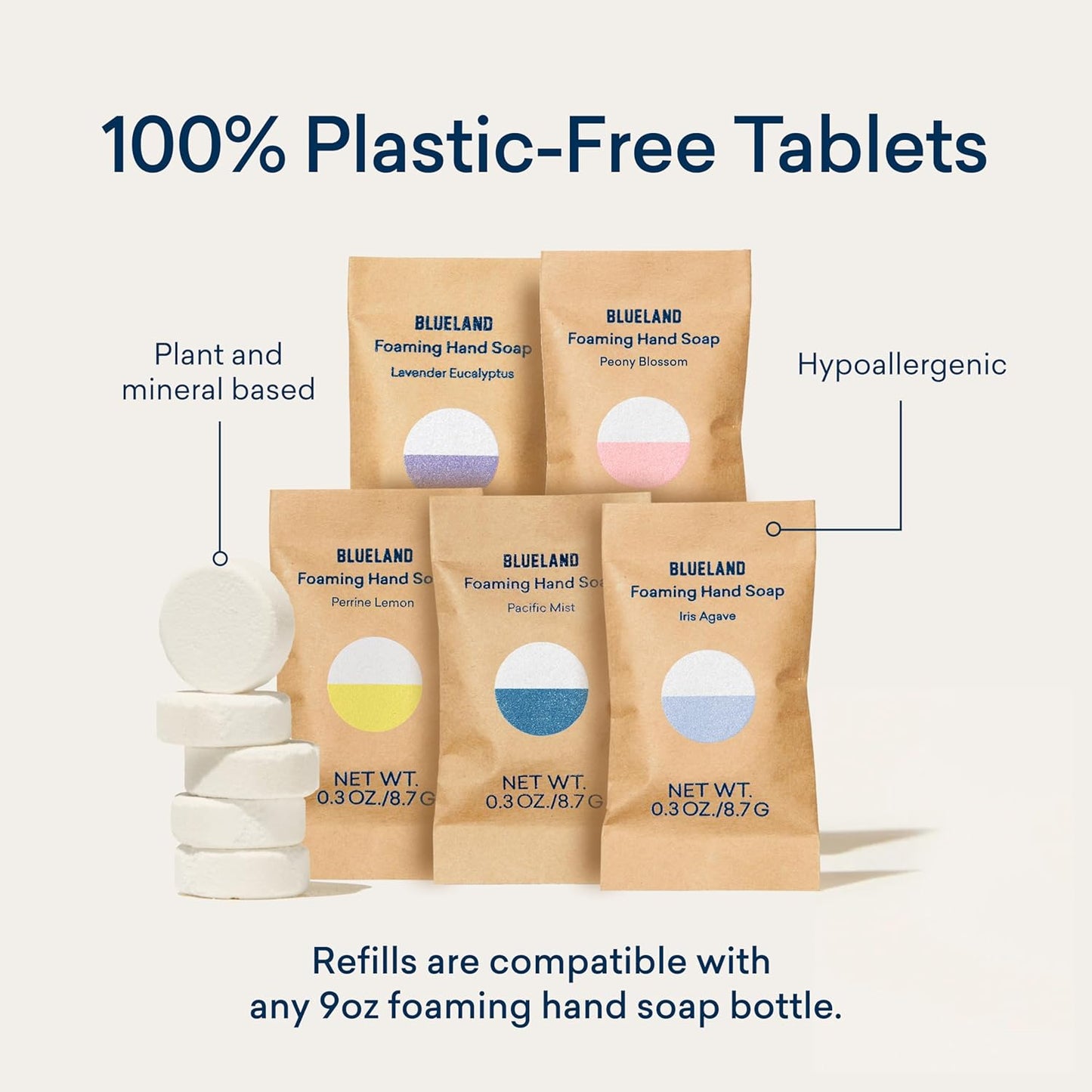 BLUELAND Foaming Hand Soap Refill Tablets, 10-Pack, Fragrance Free, Eco Friendly Cleaning Products, 10 x 9 Fl oz