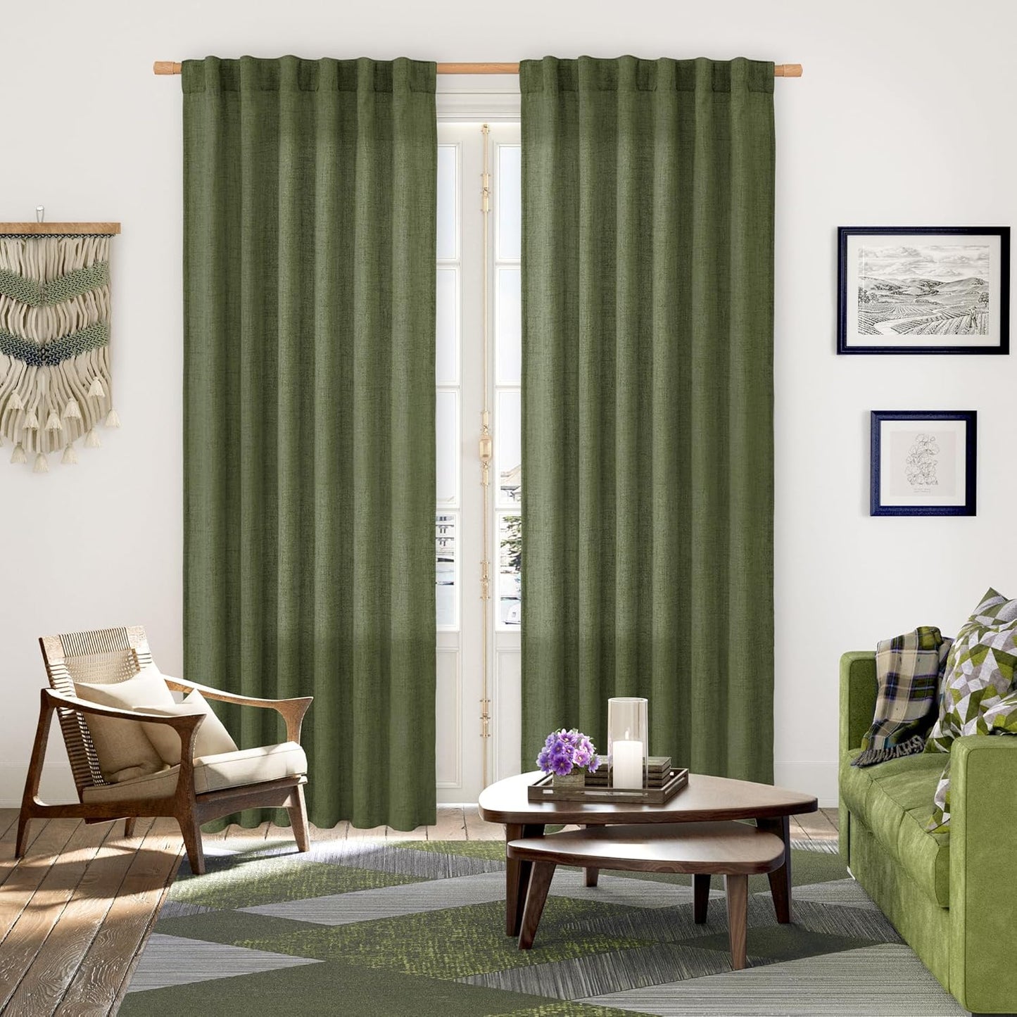 YoungsTex Olive Green Linen Curtains 80 Inch Length for Living Room, Semi Sheer Window Drapes with Rod Pocket Back Tab Light Filtering Decorative for Office Bedroom, 2 Panels, 52 X 80 Inch