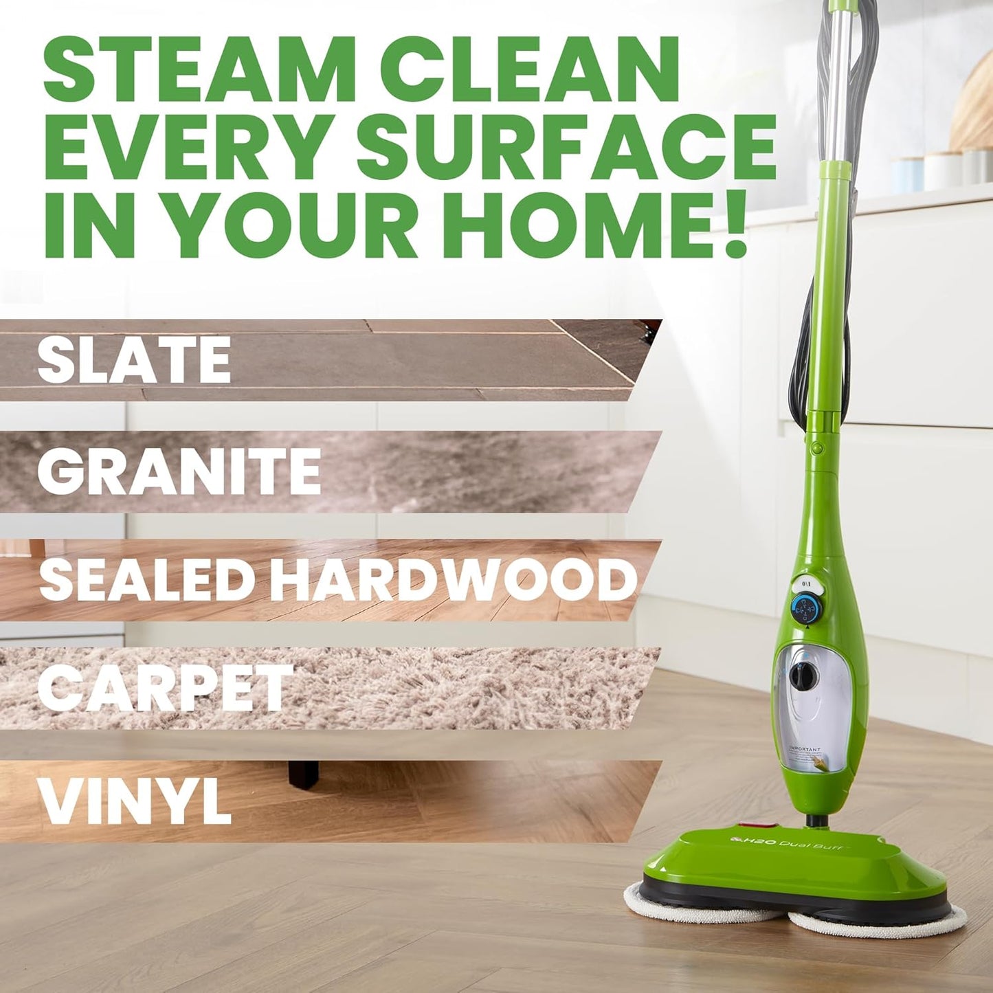 H2O X5 Dual Buff Steam Mop, 8 in 1 Handheld Steam Cleaner For Kitchen Tile Floors, Hardwood Floors, Grout Cleaner, Upholstery Cleaner and Carpets, 2 washable scrub pads, 11 cleaning accessories