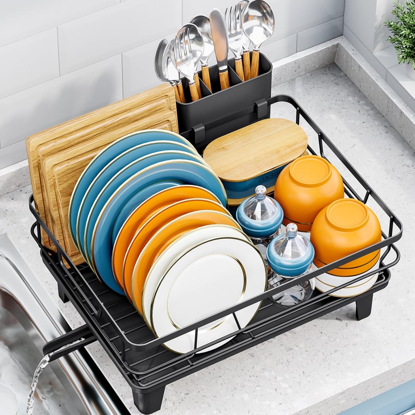 Dish Drying Rack for Kitchen Counter, Space-Saving Dish Rack, Multifunctional Dish Drainer Rack, Sink Kitchen Dishes Strainer, Dryer Rack with Drain Board, and Cutlery Holder,Small Size Black
