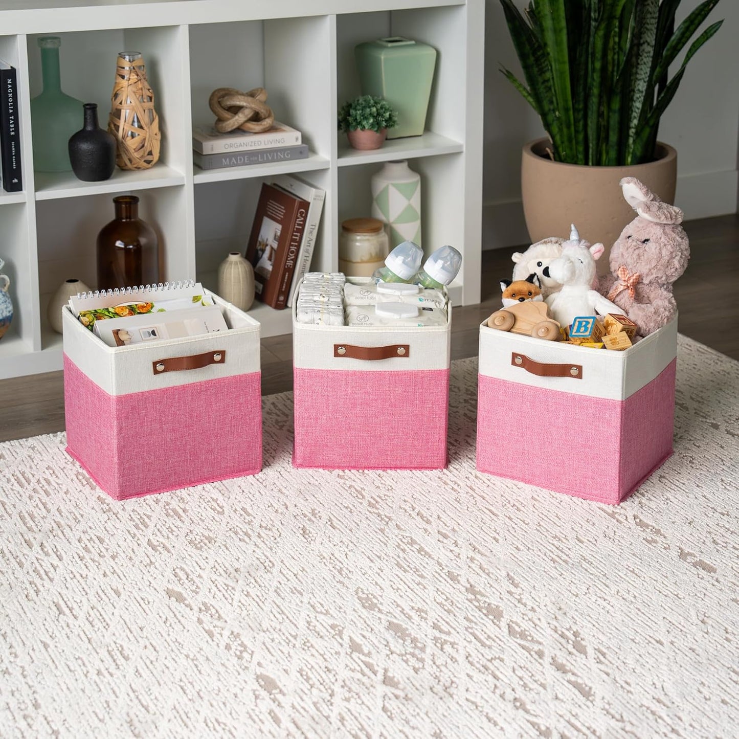 OrganiHaus 11x11 Fabric Cubes Storage Bins Set of 4, Foldable Collapsible Fabric Storage Bins for Organizer, Cubbies Organizer for Kallax, Linen Cube Shelf Baskets, Toy Organizing boxes - Pink/White