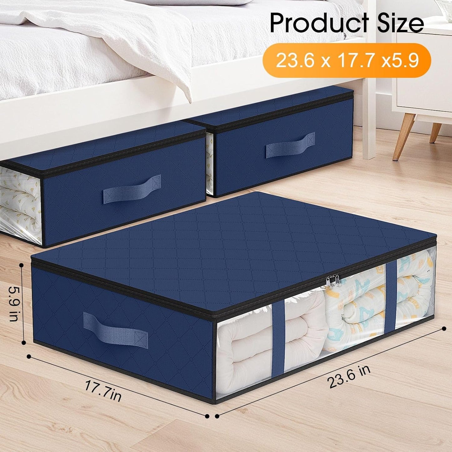 StorageRight Under Bed Storage Bins, 3-Pack 40L Foldable Fabric Storage Bags with Transparent Window, Breathable Organizer for Clothes/Blanket/Comforter/Quilt, Blue