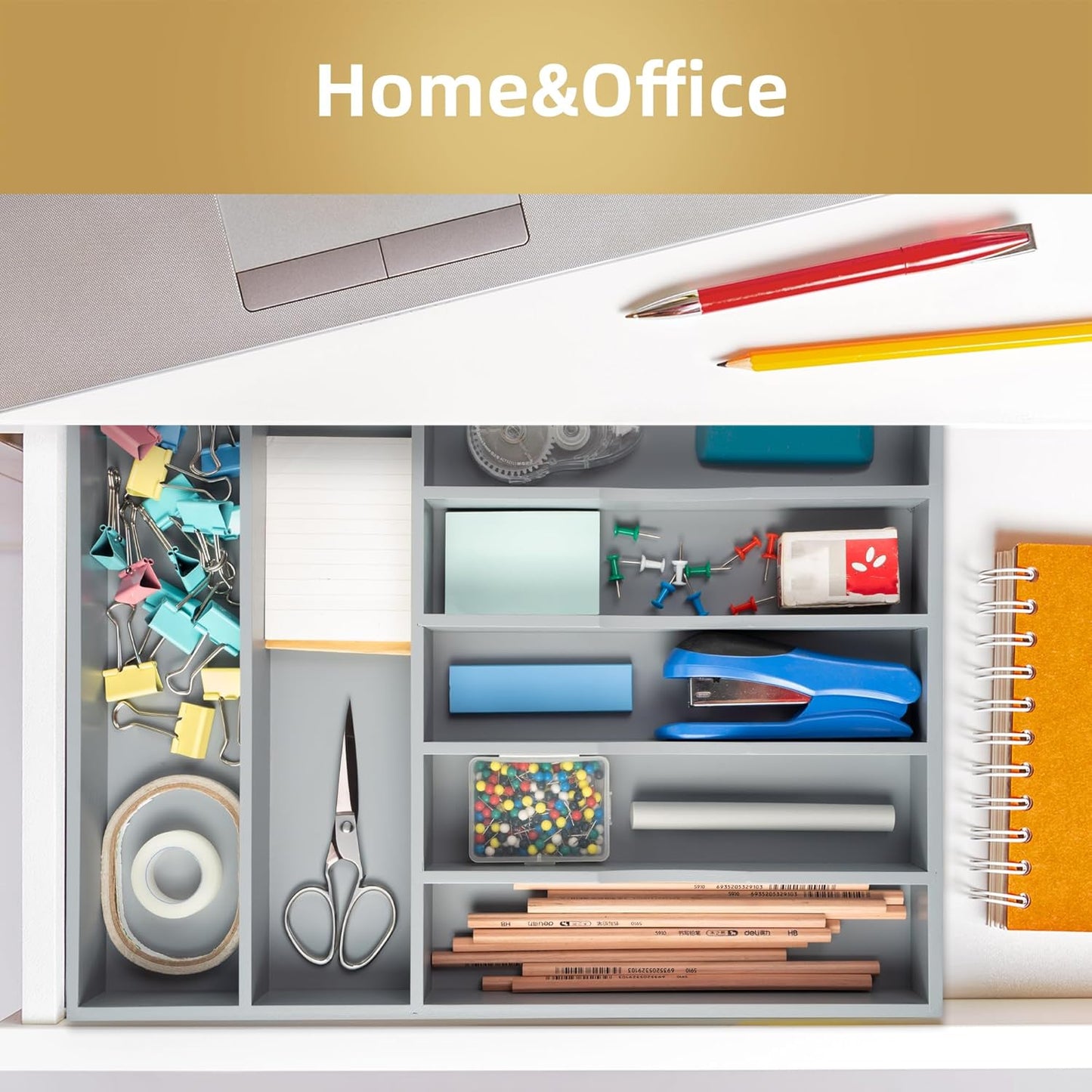 Silverware Organizer 13 Inch Gray Bamboo Kitchen Drawer Organizer 7 Slots Utensil Organizer Silverware Holder Cutlery Organizer Flatware Tray (Large)