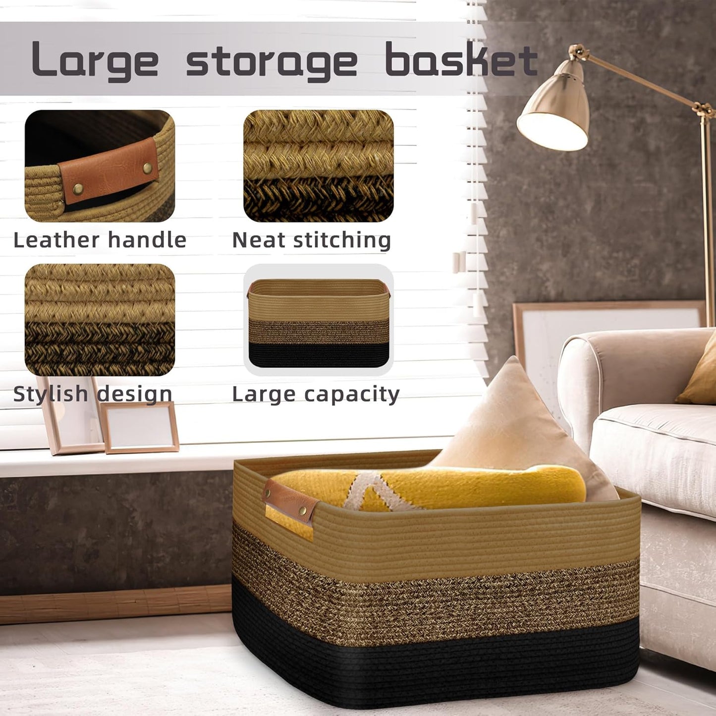 Large Collapsible Laundry Basket, Clothes Hamper for Blanket, Toy, Towels, Woven Baskets for Storage, Nursery Home Decor Living room 21.6" x 15" x 11.8" Black