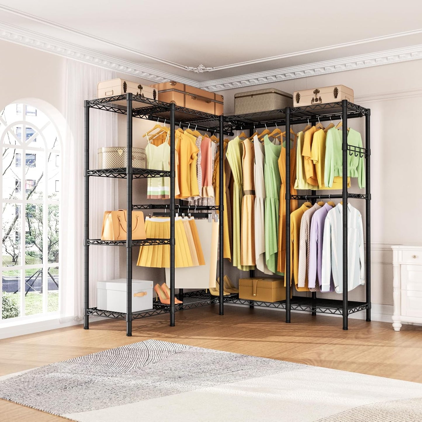 L Shaped Heavy Duty Metal Clothes Rack for Hanging Clothes,Freestanding Garment Rack Closet Wardrobe Rack Clothing Rack with 4 Hanging Rods & 1 Side Hook,50"Lx 50"Wx 76.4"H,Max Load 1100LBS