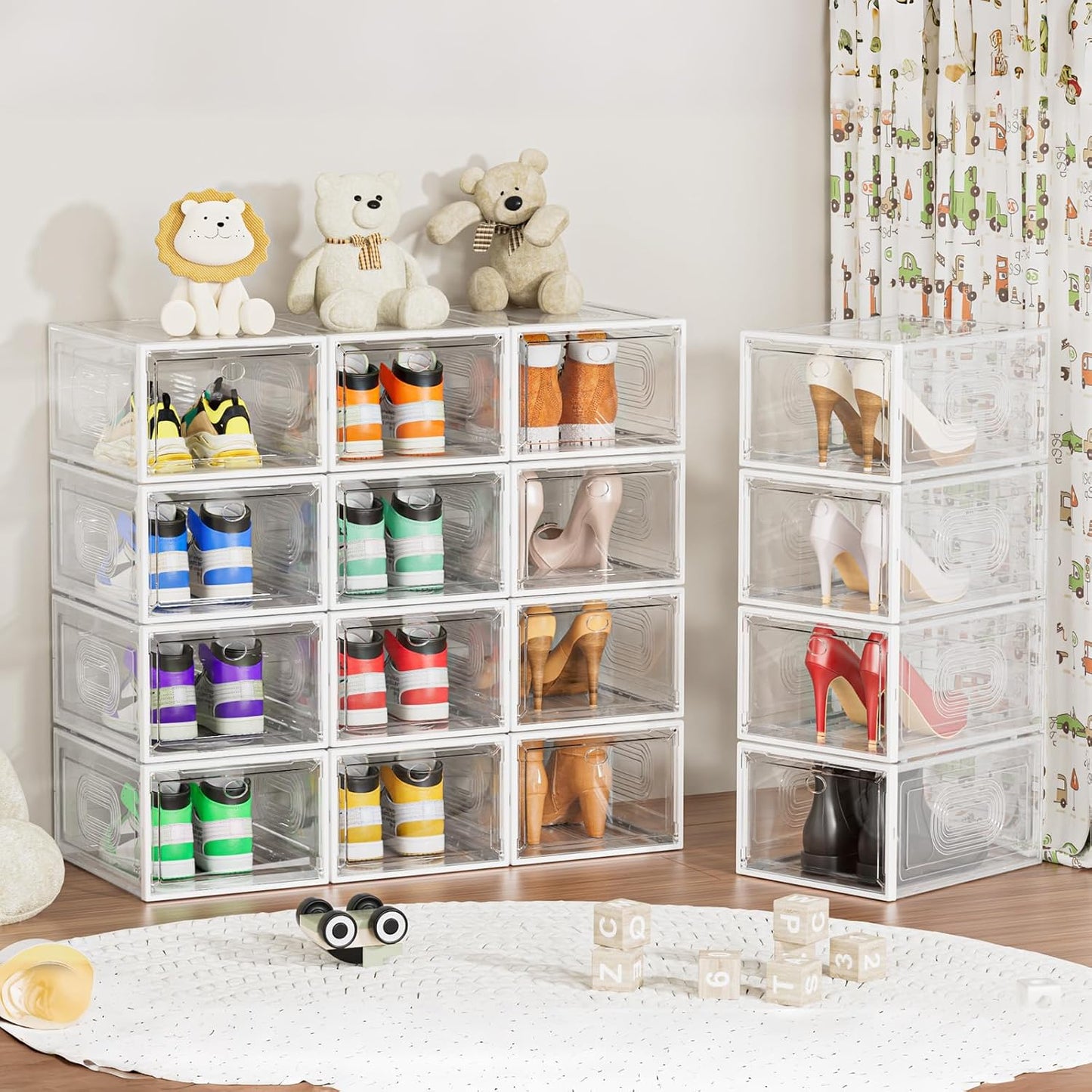 6 Pack Thicken Shoe Organizer Stackable,Upgraded Sturdy Shoe Storage Box with Magnetic Door,Shoe Containers for Sneaker Display,White