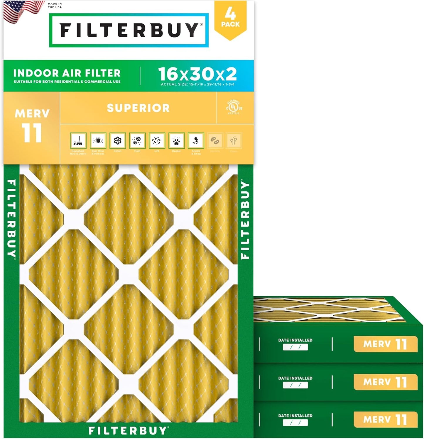 Filterbuy 16x30x2 Air Filter MERV 11 (MPR 1200) Allergen Defense Replacement (4-Pack), Electrostatic Pleated HVAC AC Furnace Filters, Made in USA (Actual Size: 15.69 x 29.69 x 1.75)