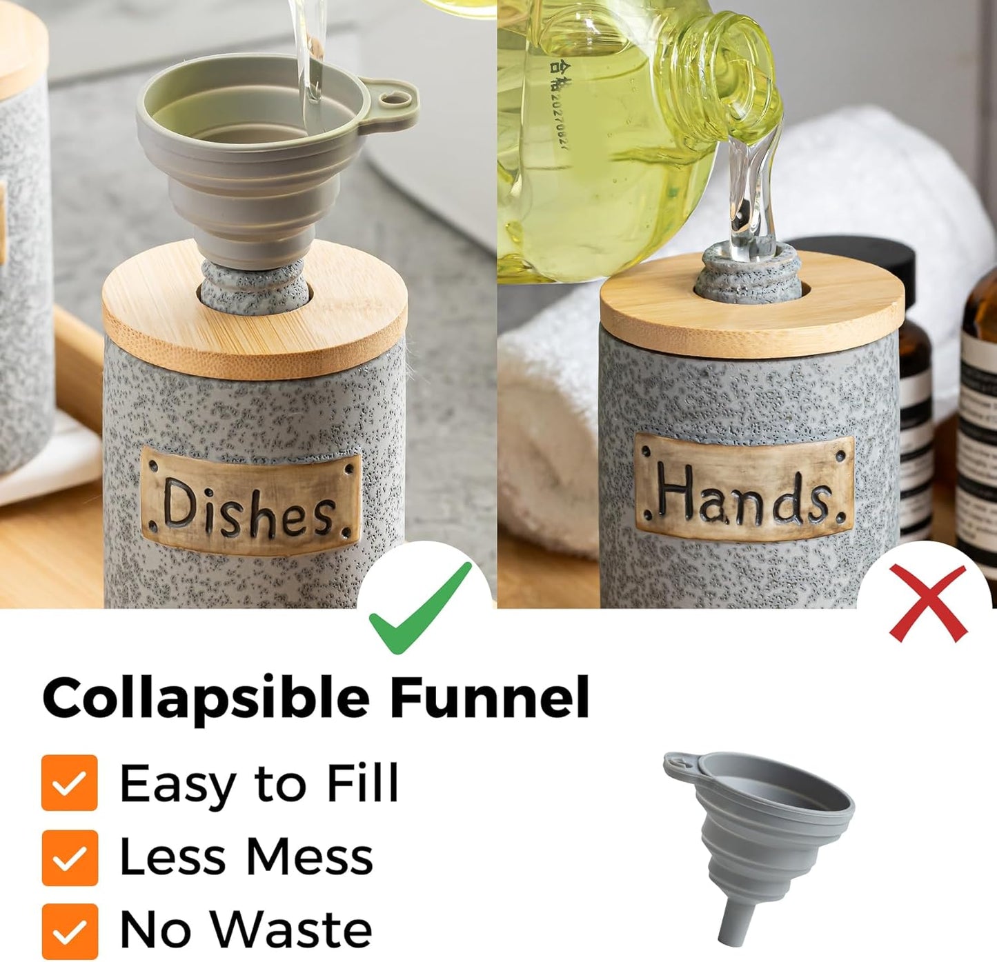 Kitchen Soap Dispenser Set, Ceramic Hand and Dish Soap Dispenser Set with Tray Collapsible Funnel, Hand Soap and Lotion Dispenser for Bathroom, White Bathroom Accessories