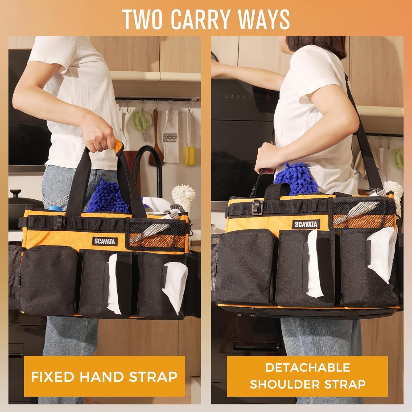 Wearable Cleaning Caddy Bag, Cleaning Caddy Supplies Organizer with Handle & Shoulder Straps for Housekeepers, Under Sink & Car Cleaning Tool Organizers with 4 Foldable Divider (Orange)
