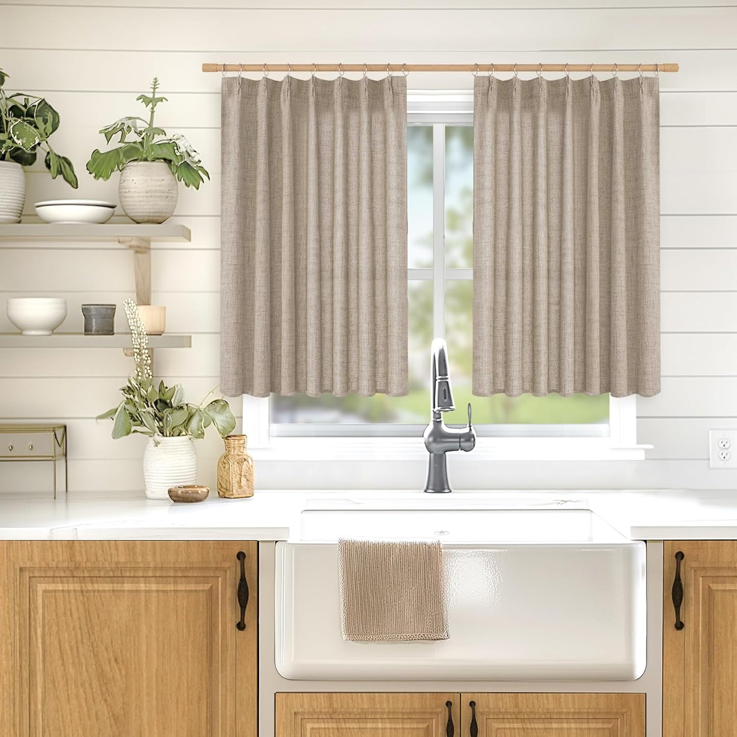 YoungsTex Short Linen Curtains 40 Inch Length for Cafe Window, Small Drapes Light Filtering with Back Tab for Bathroom Kitchen Window, 2 Panels, 40 X 40 Inch