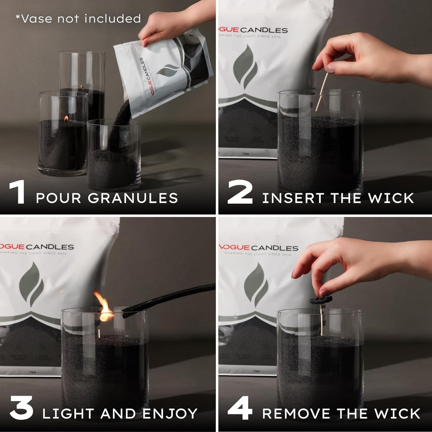 Vogue Candles 1LB Candle Sand with 15 Wicks | Plant-Based Refillable Wax Granules for DIY Candle Making | Clean Burning, Unscented, Smoke-Free, Vegan Candle Refill Kit- Black