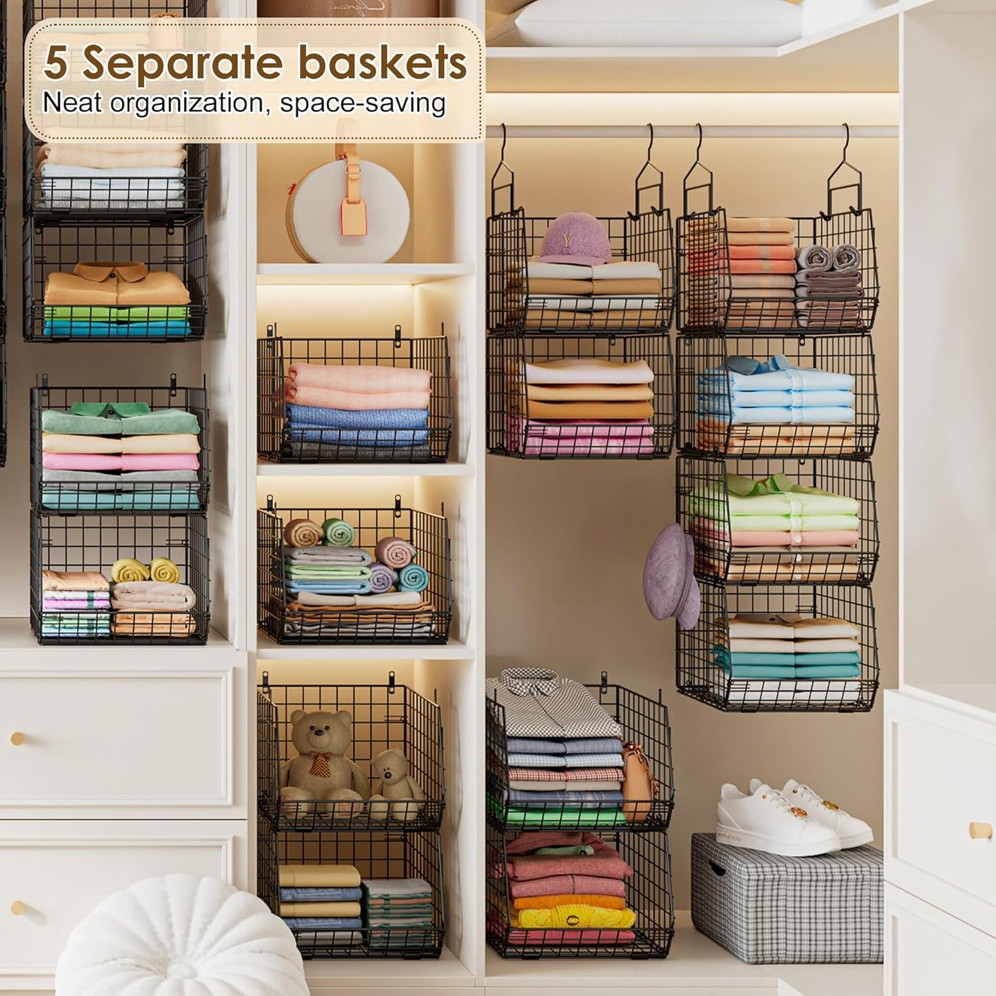 Deeper 4'' Design 5 Tier Foldable Hanging Closet Organizer and Storage，Wire Cabinet Shelves and Rack with 5 S Hooks,Stackable Metal Basket Bins for Clothes Shoe Purse,Holder for Wardrobe Dorm,Black