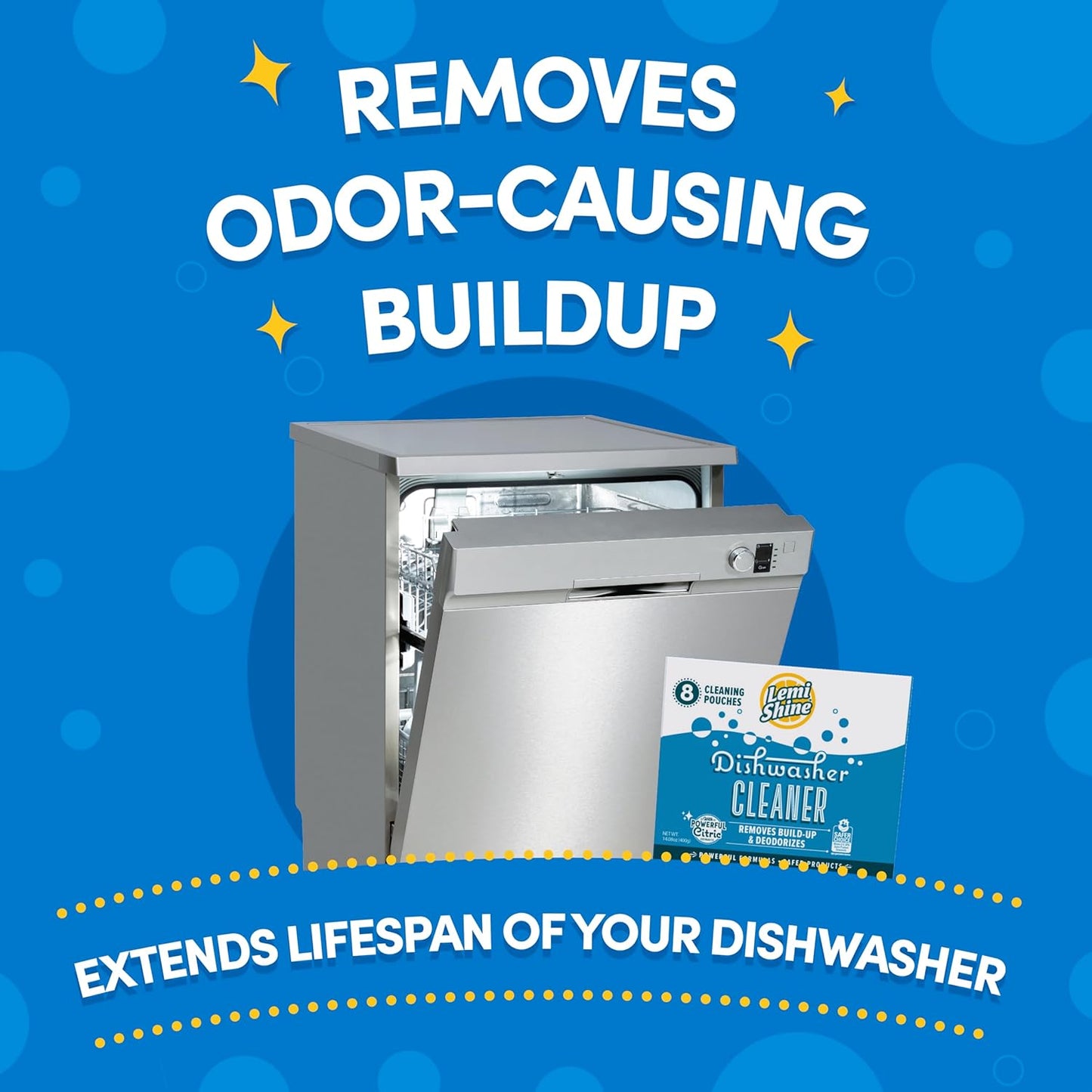 Lemi Shine Natural Dishwasher Cleaner - Hard Water Citric Acid Cleaning Powder - Lemon Scented Eco-Friendly Dishwasher Cleaner & Deodorizer - 14.08 oz (8 Pack)