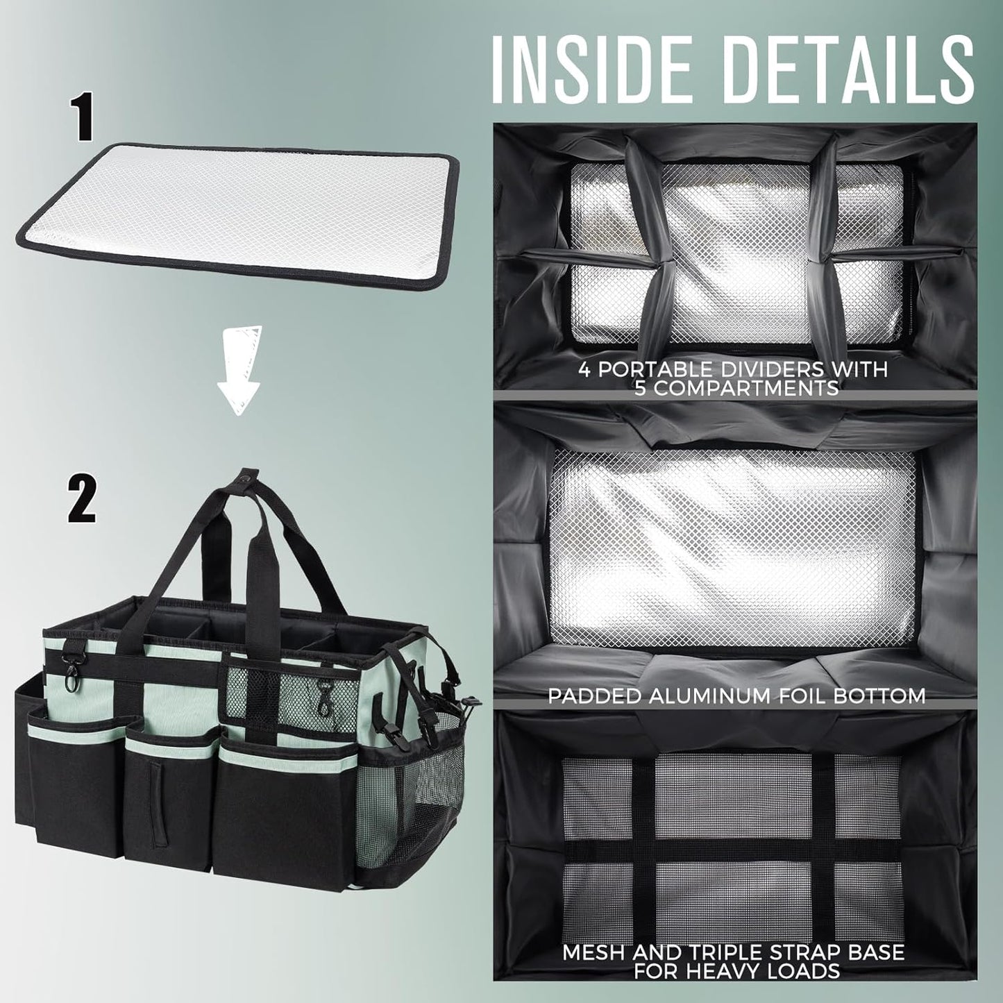 Wearable Cleaning Caddy, Cleaning Caddy Supplies Organizer with Handle & Shoulder Straps for Housekeepers, Under Sink & Car Cleaning Tool Organizers Bag with 4 Foldable Divider (Celadon)