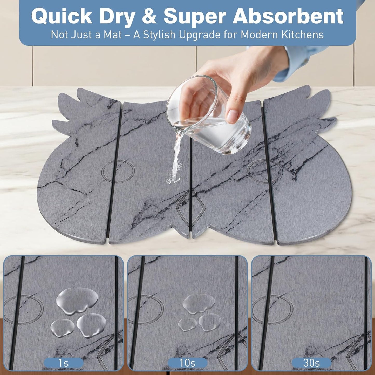 Large Stone Dish Drying Mat for Kitchen Counter,24"(L)×16"(W) Quick Dry Absorbent Diatomaceous Earth Dish Drying Mats,Owl Shape Design Drying Pads for Cups Dishes Bottles (Gray)