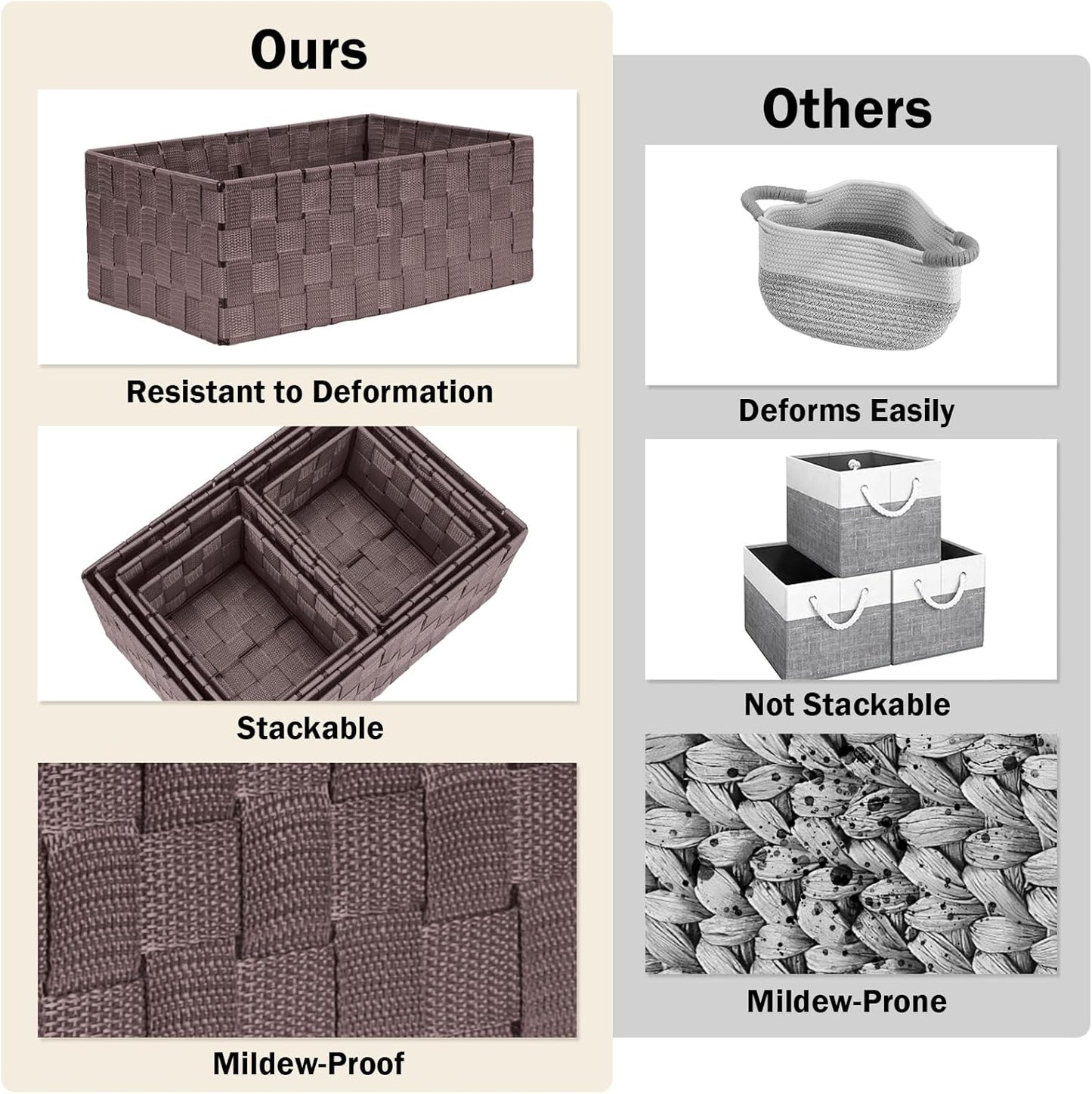 Woven Storage Baskets, Storage Bins, Cube Basket Container Baskets Storage Boxes Organizers for Clothes /Shelves/ Closet, Set of 6 (Brown)