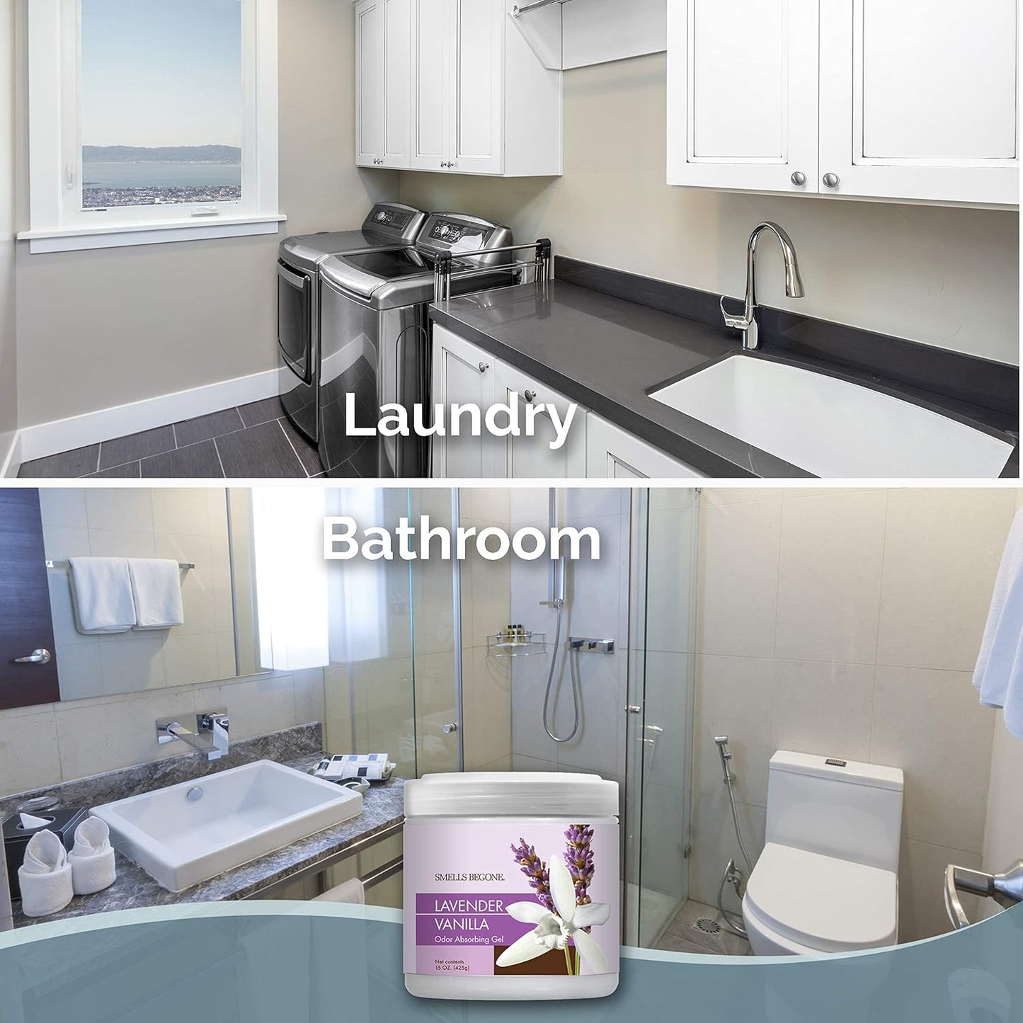 SMELLS BEGONE Air Freshener Odor Absorber Gel - Absorbs Odor from Bathrooms, Cars, Pet Areas, Boats and RVs - Made with Essential Oils - Lavender Vanilla Scent - 15 Ounce