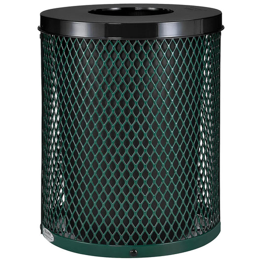 Global Industrial Outdoor Diamond Steel Trash Can with Flat Lid and Plastic Liner, 36 Gallon Capacity, Green, Thermoplastic Coating, 23-1/2" Diameter, 30" H