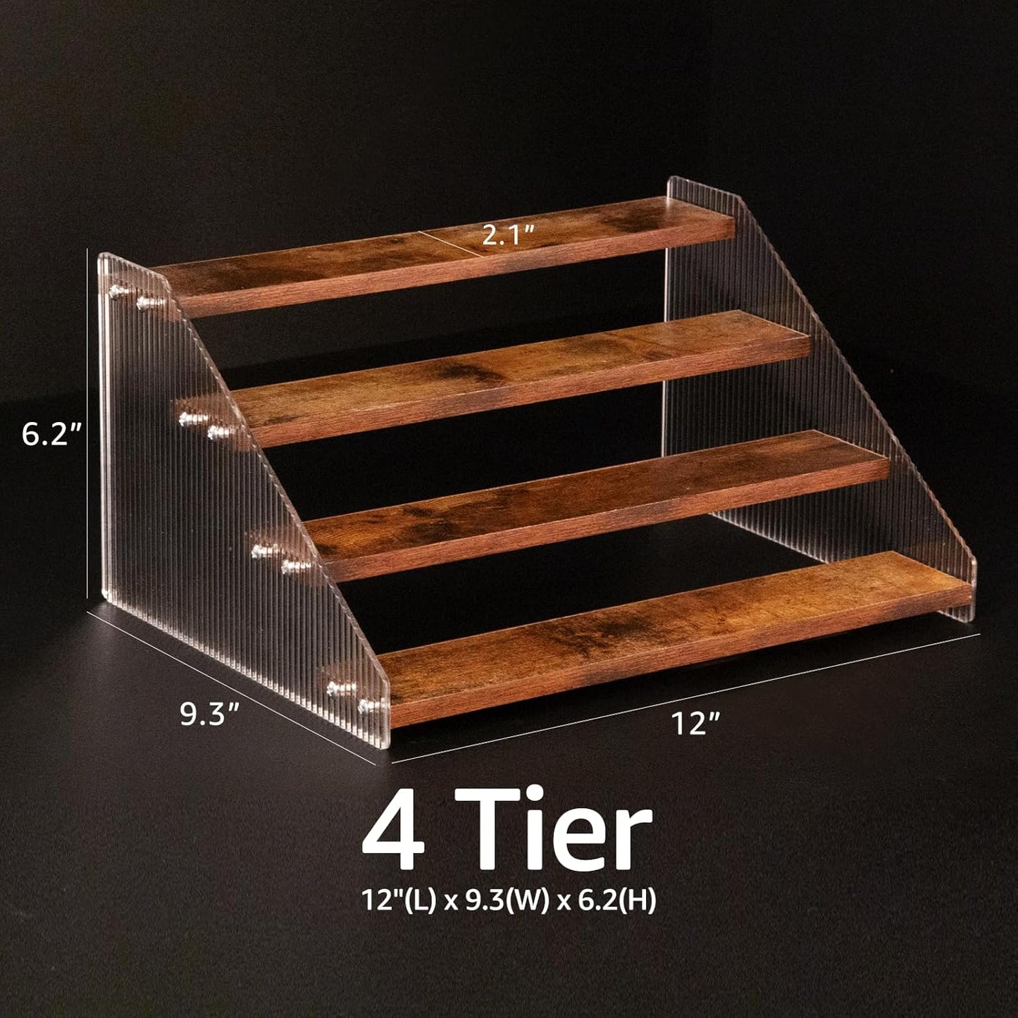 nianfeng Tiered Spice Rack, 4-Tier Spice Pantry Kitchen Cabinet Organizer, 12-Inch, Natural Wood Acrylic Stair Riser Stand, Countertop Seasoning Shelf (Rustic Brown)