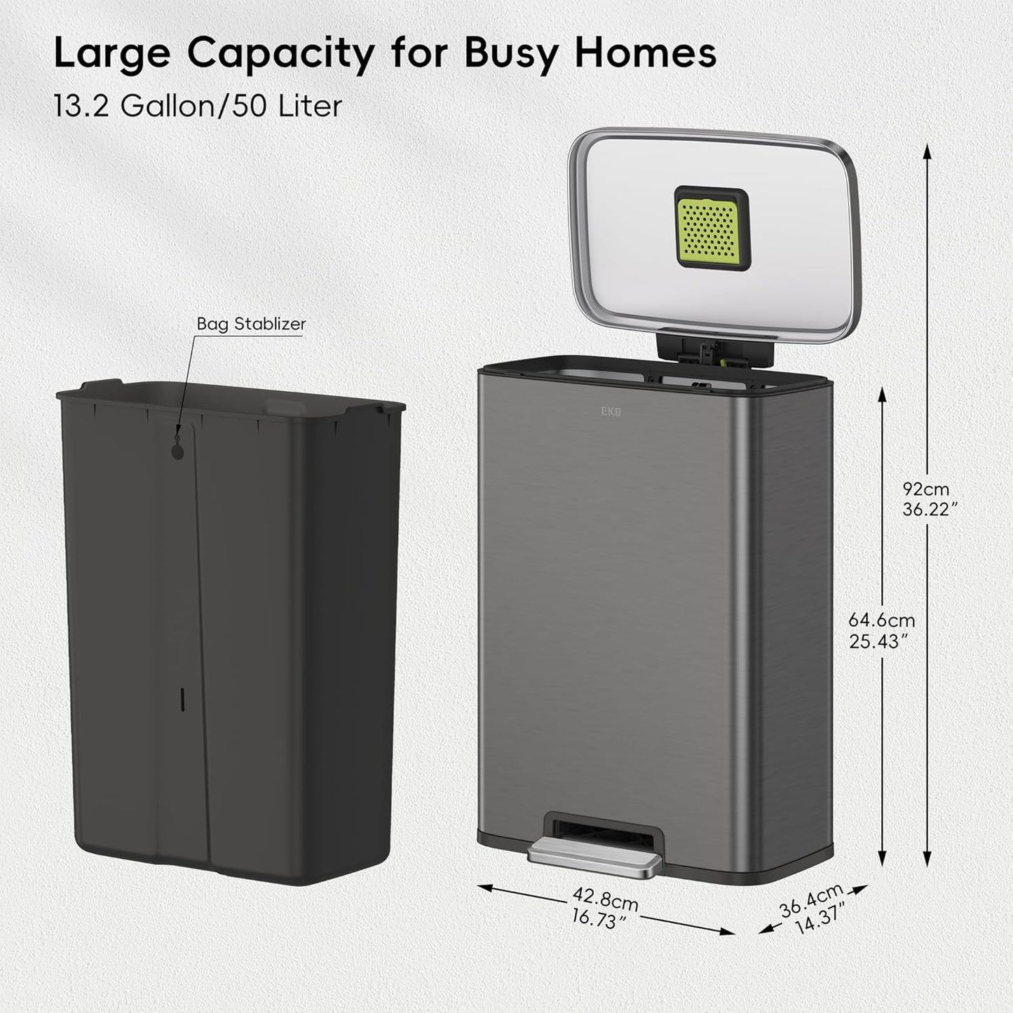 EKO Madison Gunmetal Stainless Steel 50 Liter/13.2 Gallon Step Trash Can with Inner Liner - Fingerprint Resistant Finish