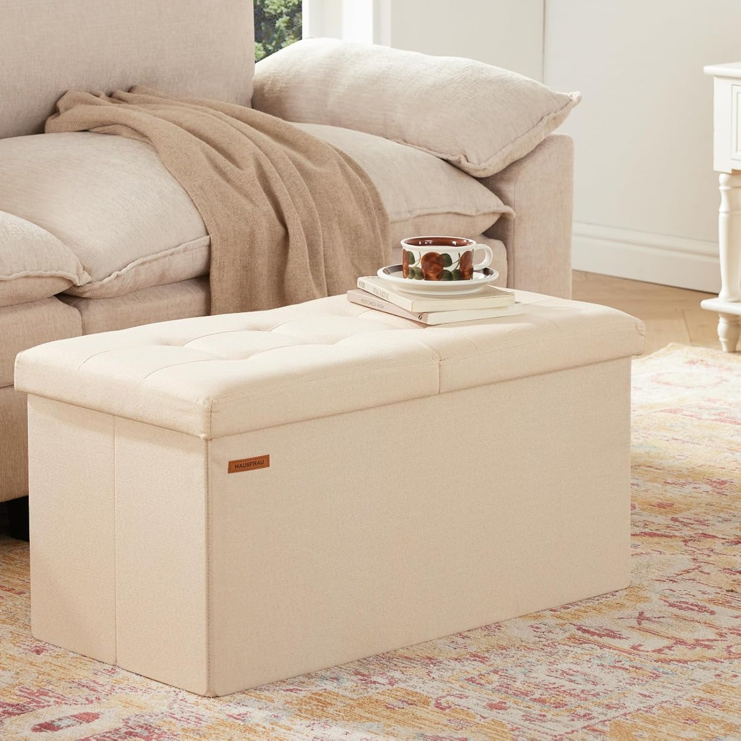 HAUSFRAU - 30 Inches Storage Ottoman Bench with Flipping Lid, Foldable Storage Chest Foot Rest for Living Room, Bedroom, Entryway, Load 660 lb, Linen Beige