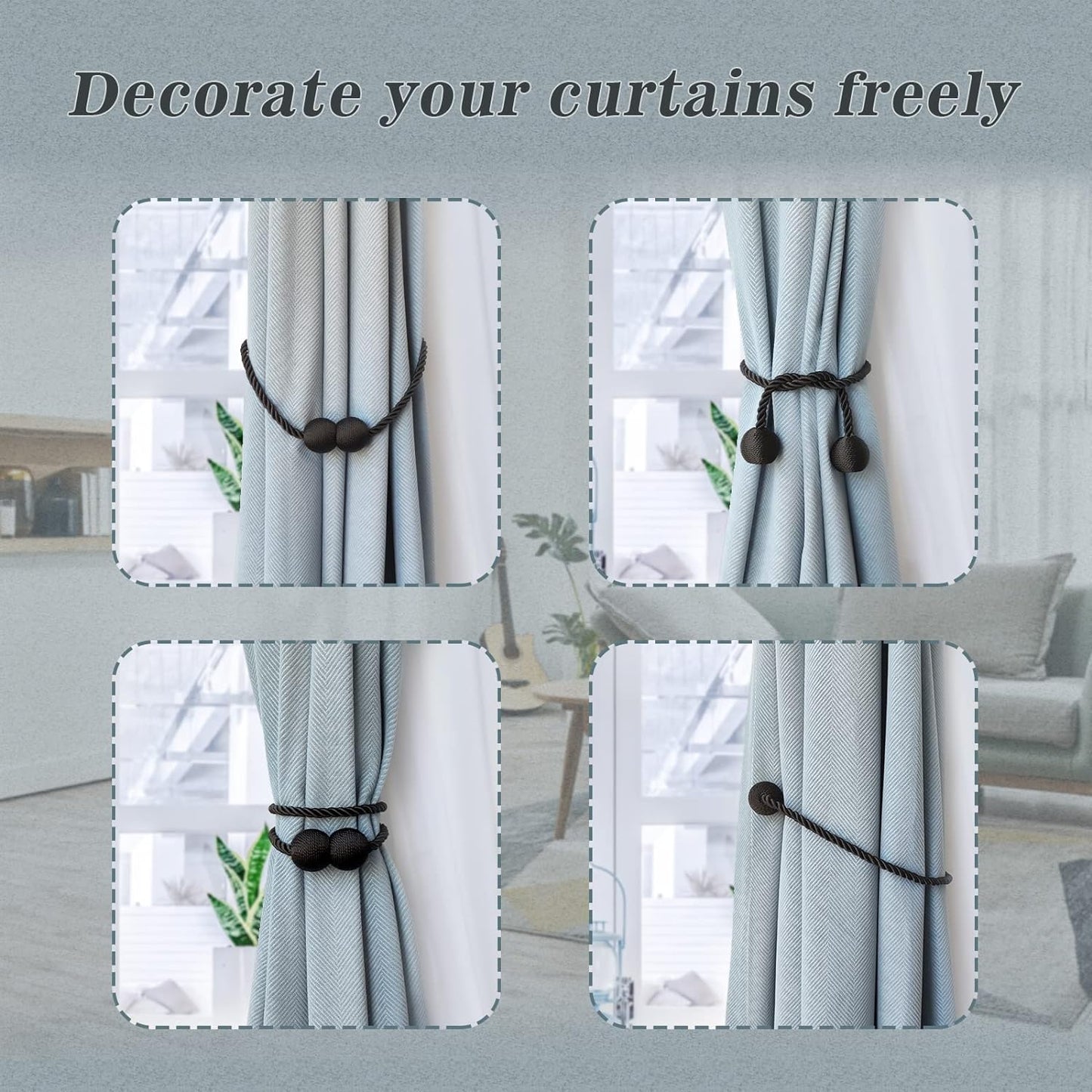 Hion Magnetic Curtain Tiebacks 4 Pack, Nickel-plated Metal and Polyester, Black