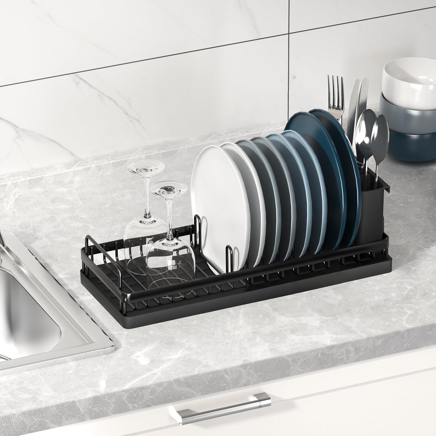 Small Dish Drying Rack, Compact Sink Dish Drainer Plate Rack Organizer with Utensil Holder and Silicone Drying Mat for Kitchen Counter, RVs, Apartments