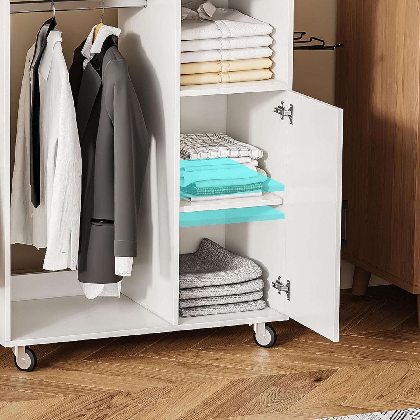 Rolling Ironing Board with Storage Cabinet, Multipurpose Wooden Ironing Cabinet with Wheels, Ironing Table with Heat-Resistant Sponge