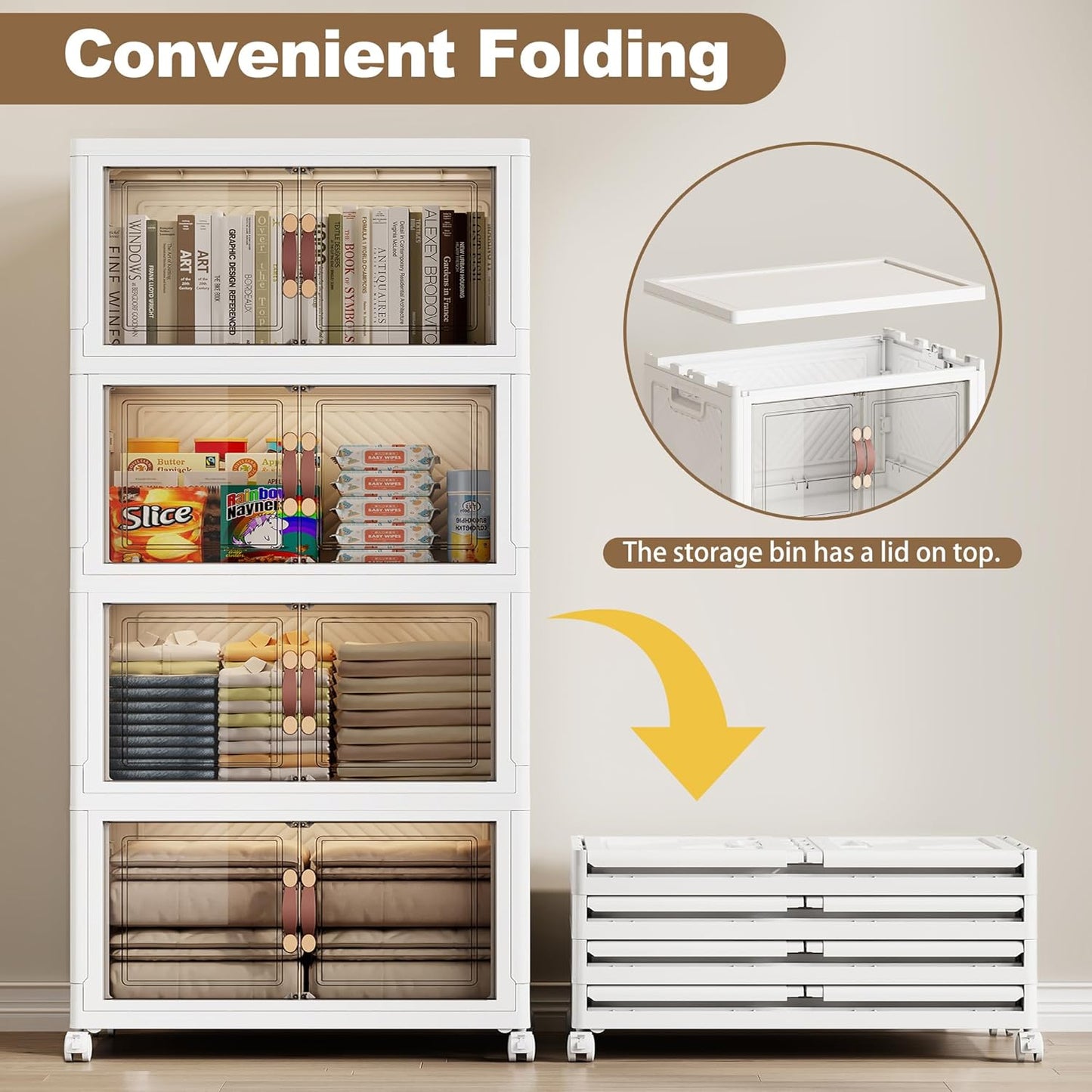 SAILUN 308QT Extra Large Collapsible Storage Bins with Wheels and Lid, Stackable Storage Bins Open Closet Organizers and Storage Storage Containers Drawers,23.6" L × 15" W × 54.5" H（4 Pack）