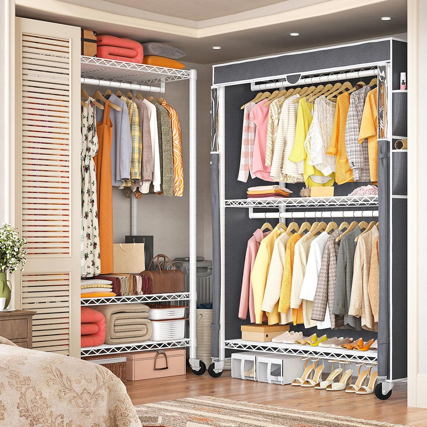 Raybee Heavy Duty Clothes Rack with Cover, 81" H Clothing Racks for Hanging Clothes, Portable with Wheels and Adjustable Feet, Max Load 440LBS, White