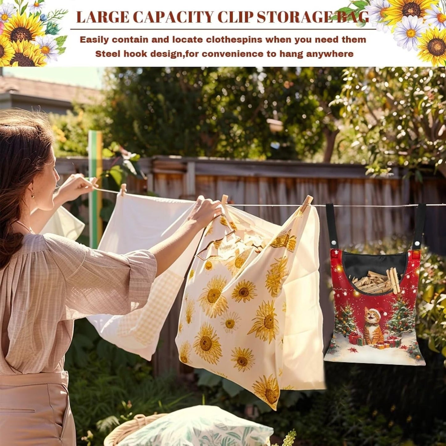 2025 Christmas Cat Waterproof Clothespin Bag with Hanging Rope - 14.5x12 Inch Storage Organizer for Home, Backyard & Camping