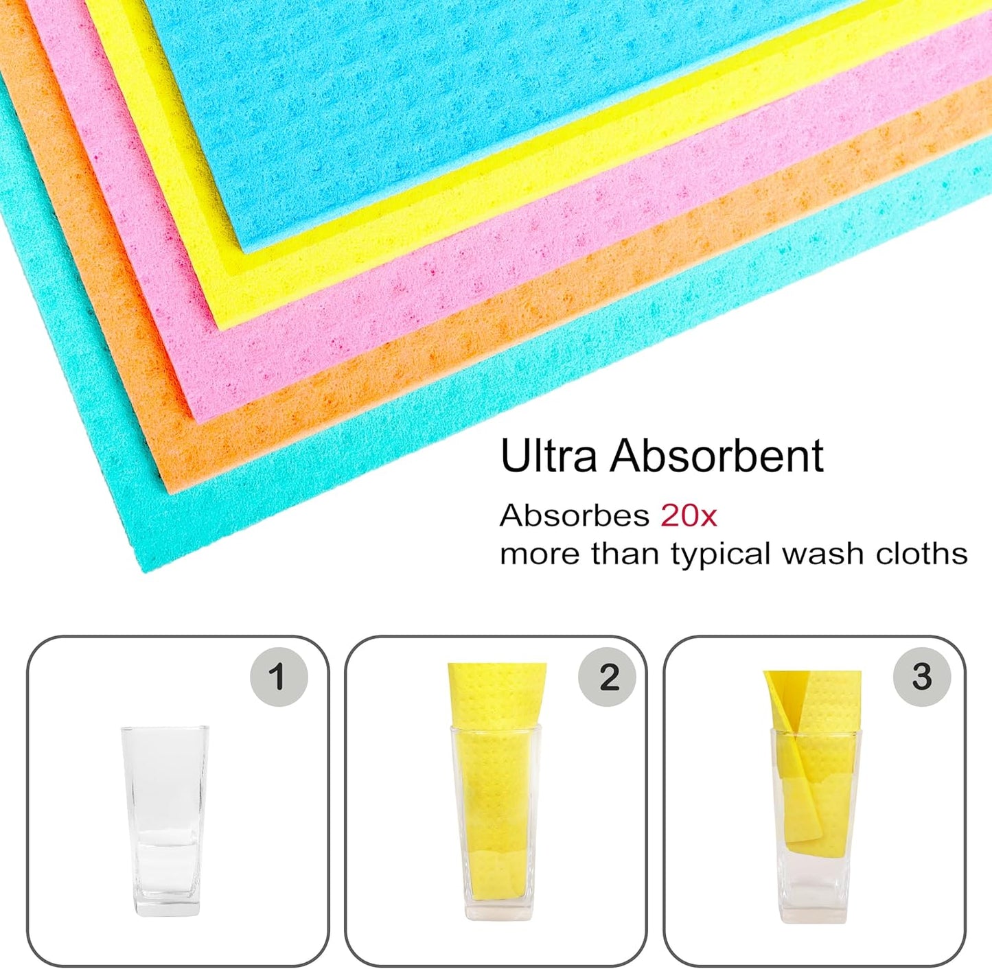 AMOUR INFINI Swedish Dishcloth Cellulose Sponge 8 Pack - No Odor, Resuable and Absorbent Cleaning Cloths for Kitchen, Bathroom, Glass Surface, Furniture (8"x7" Inch - Yellow)