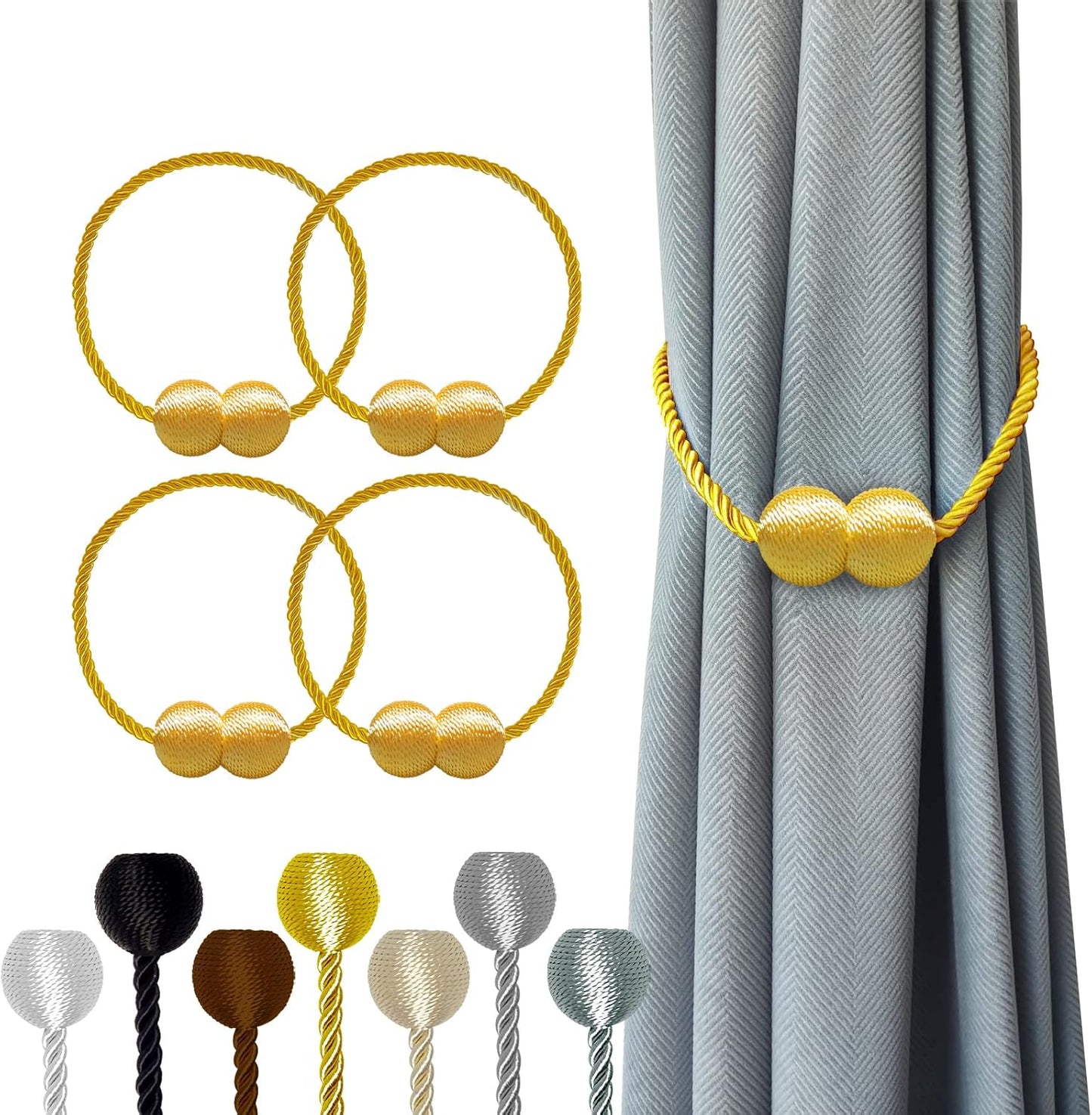 Hion Magnetic Curtain Tiebacks Golden 4 Pack, Curtain Tiebacks Buckles Holdbacks Holders Hooks Clip for Home Bedroom Office Decorative Thick or Thin Curtain