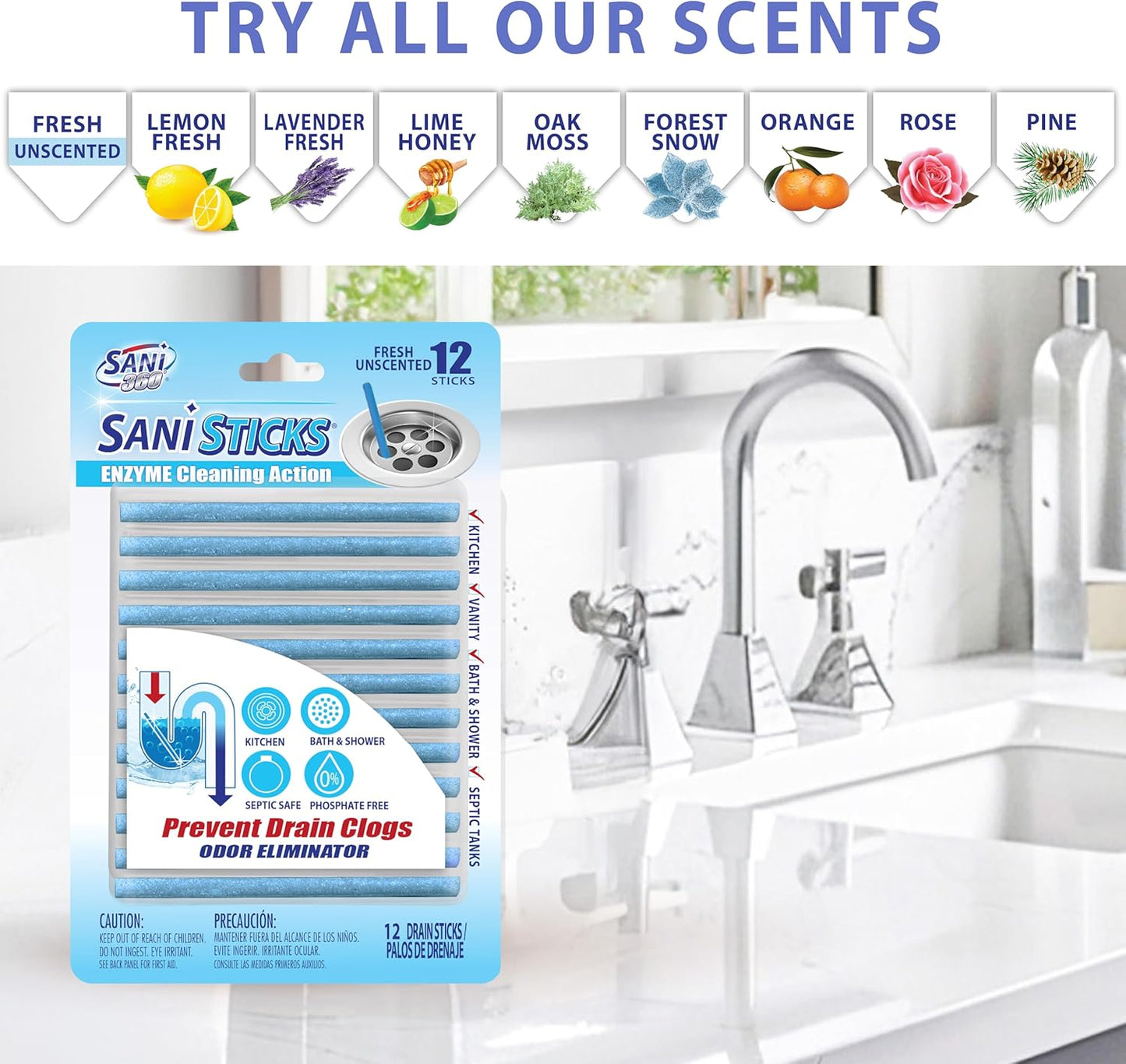 SANI 360° Sani Sticks Drain Cleaner and Deodorizer, 24 Count, Unscented Enzyme Pipe Cleaners, Eliminate Odors, Prevent Clogged Drains, Safe for Sinks, Bathtub Drains, Septic Tanks