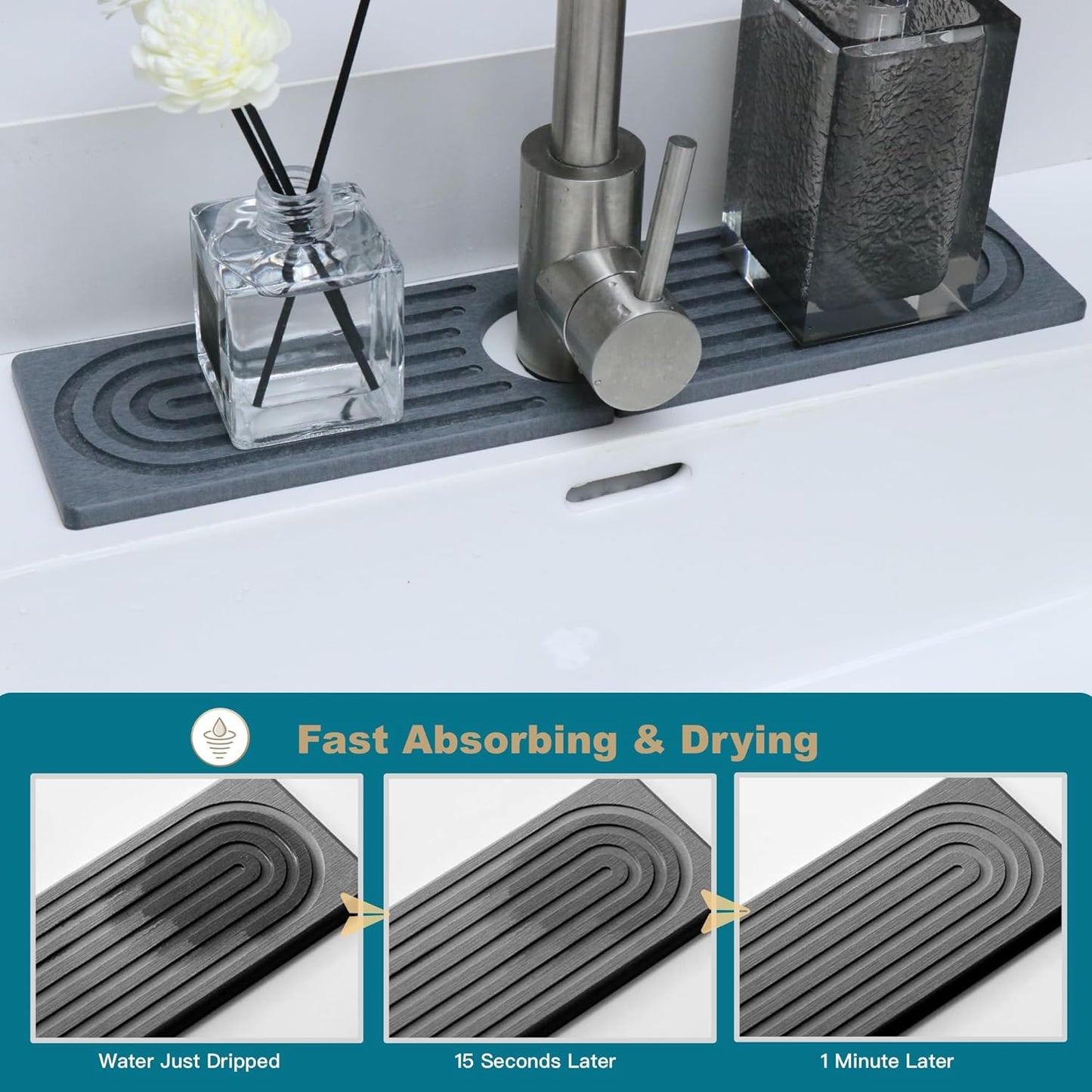 Stone Drying Mat for Kitchen Counter, Faucet Mat for Kitchen Sink, Diatomite Quick Drying Tray, Faucet Splash Guard for Bathroom Counter, Kitchen Drying Mat (DARK GREY, 23.6 * 4")