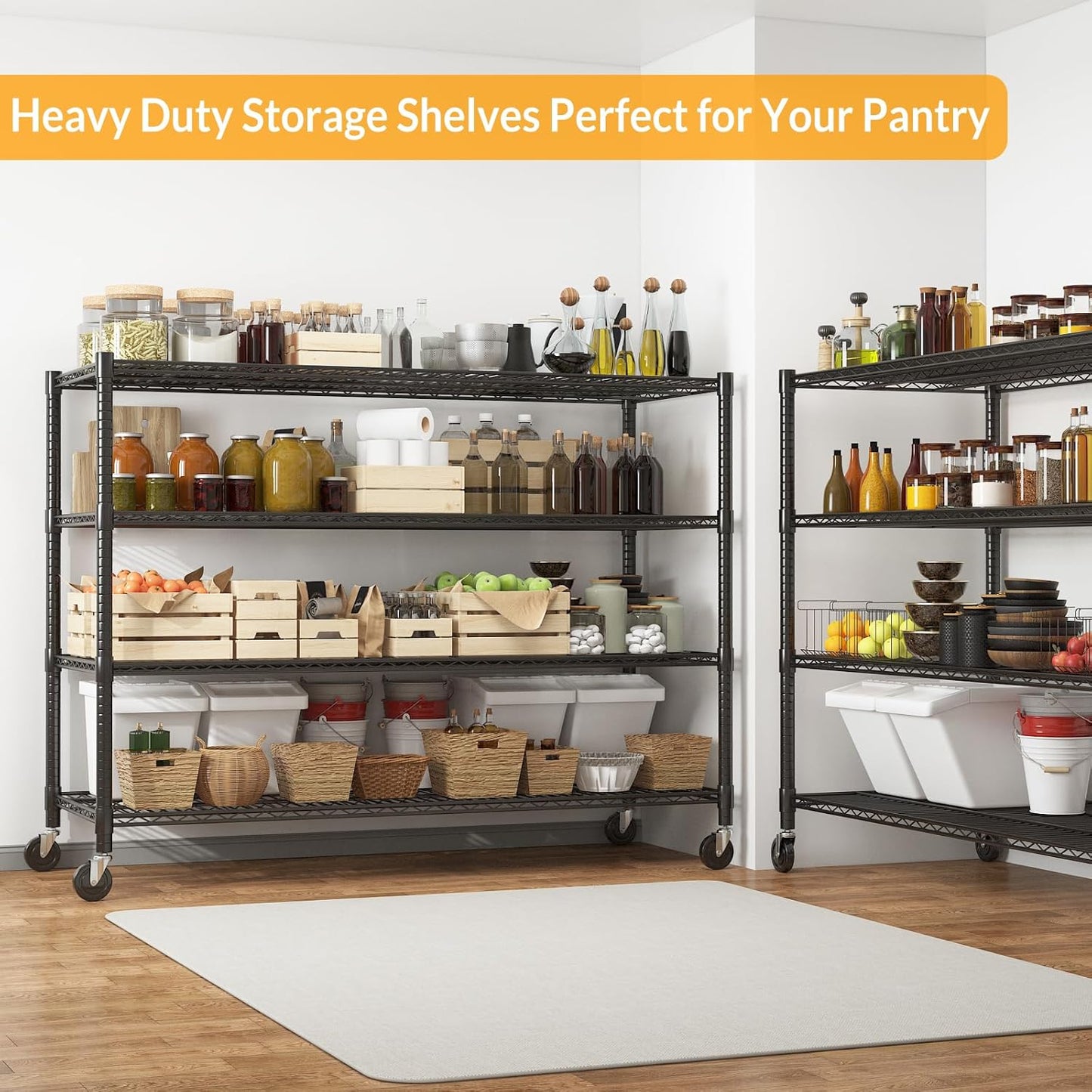 Himimi Storage Shelves with Wheels, 4-Tier Heavy Duty Steel Wire Rack Storage Shelving, Adjustable Metal Storage Shelves for Garage Kitchen Pantry Bathroom Laundry 18" D*60" W*72" H, Black